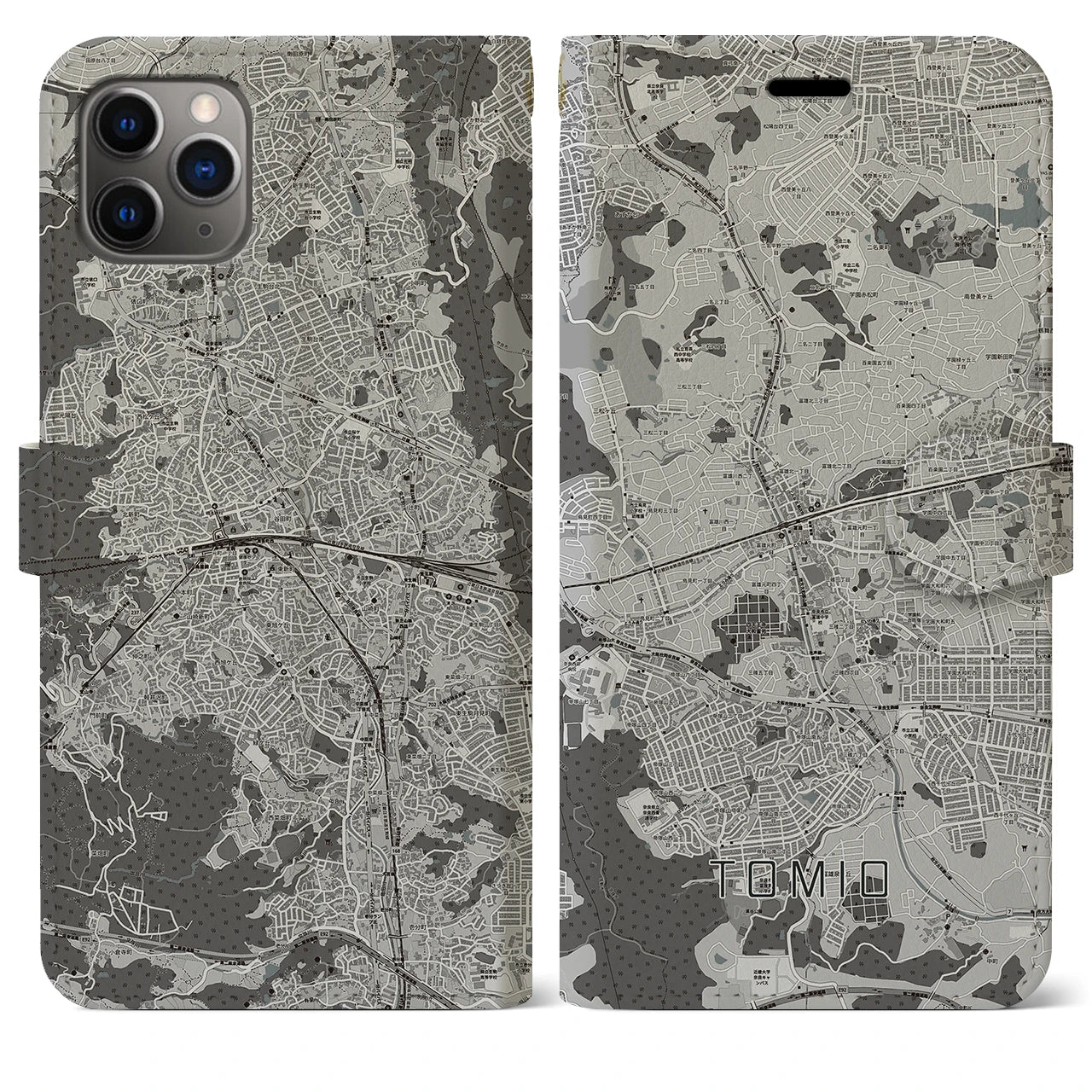 【富雄(奈良県)】地図柄iPhoneケース(手帳タイプ)モノトーン・iPhone 11 Pro Max 用