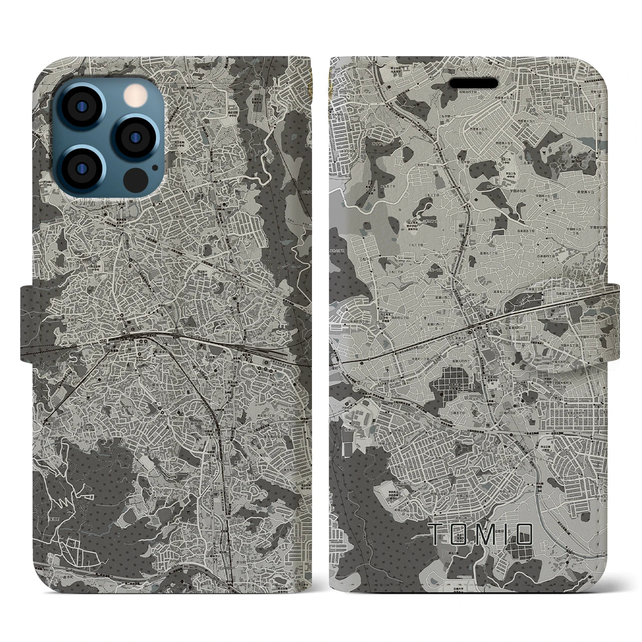 【富雄(奈良県)】地図柄iPhoneケース(手帳タイプ)モノトーン・iPhone 12 / 12 Pro 用