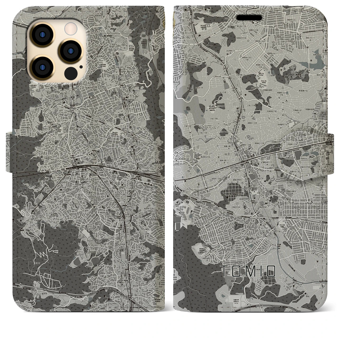 【富雄(奈良県)】地図柄iPhoneケース(手帳タイプ)モノトーン・iPhone 12 Pro Max 用