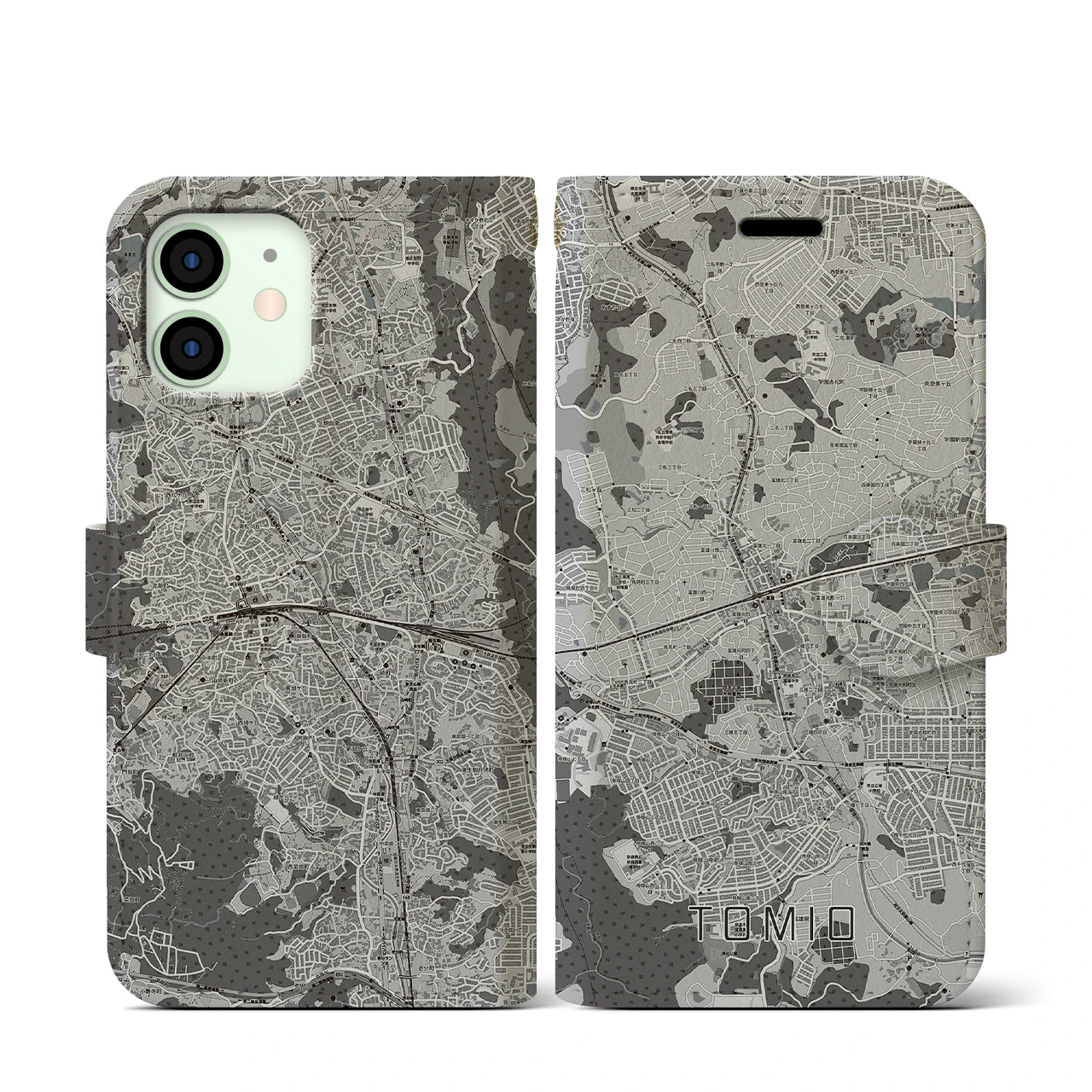 【富雄(奈良県)】地図柄iPhoneケース(手帳タイプ)モノトーン・iPhone 12 mini 用