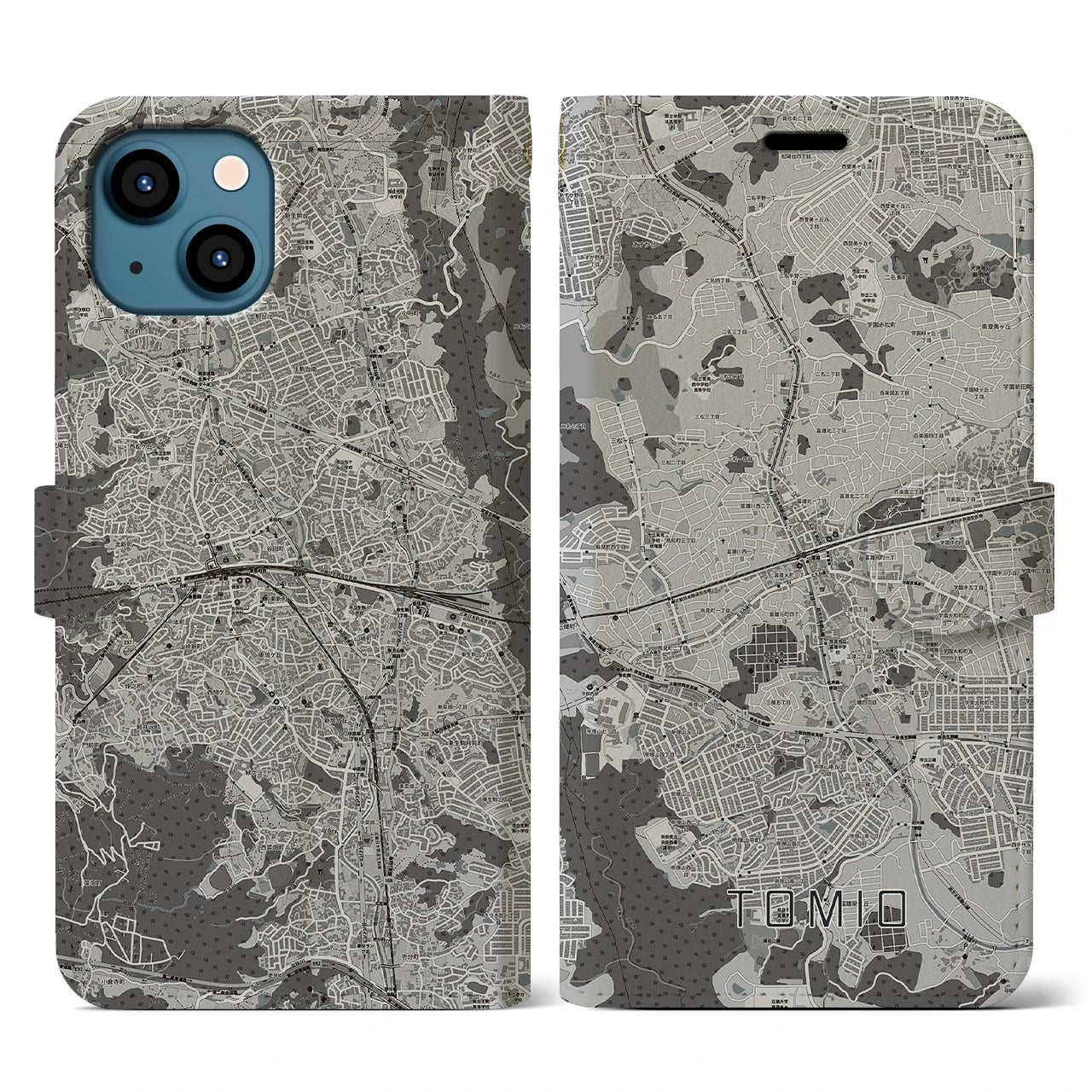 【富雄(奈良県)】地図柄iPhoneケース(手帳タイプ)モノトーン・iPhone 13 用