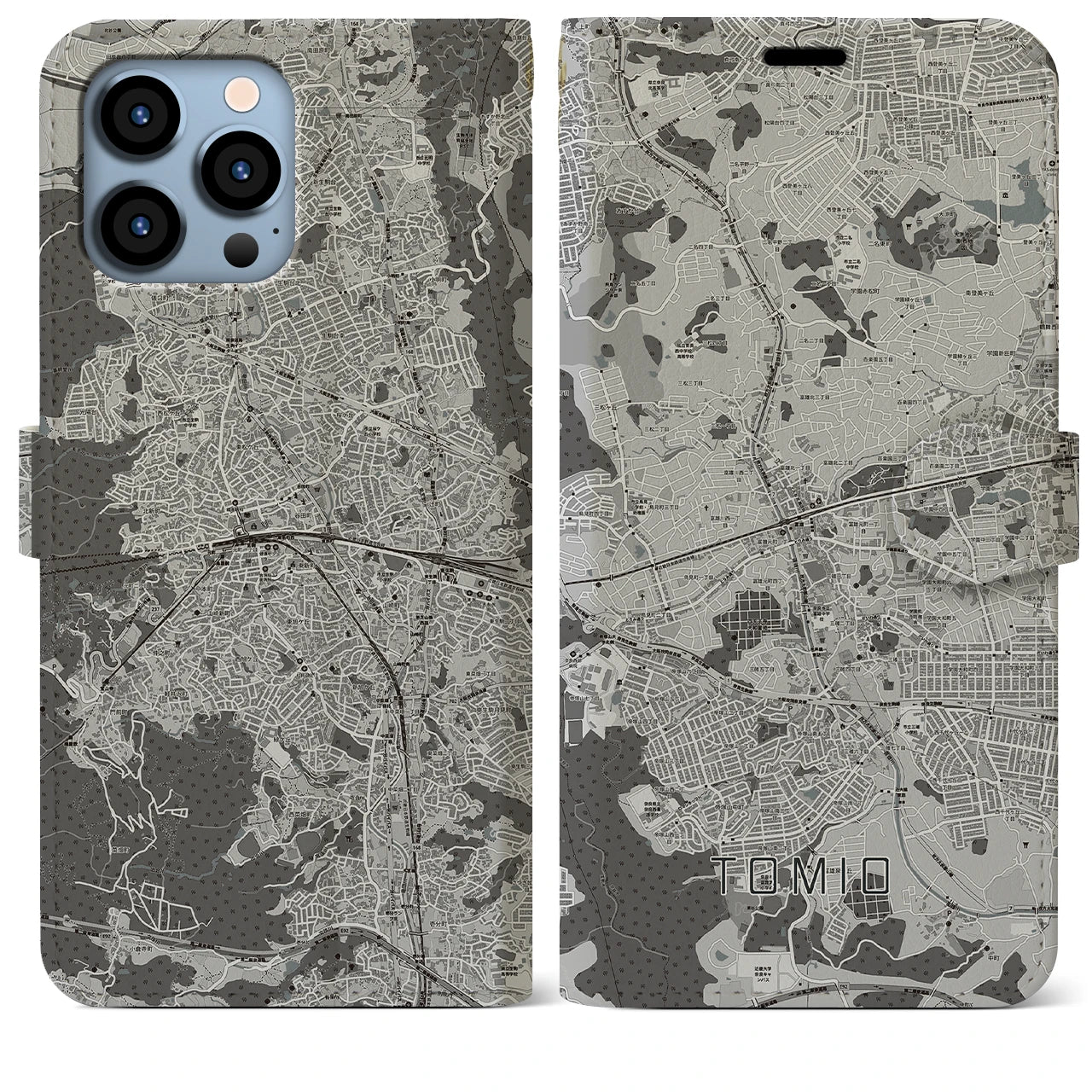 【富雄(奈良県)】地図柄iPhoneケース(手帳タイプ)モノトーン・iPhone 13 Pro Max 用