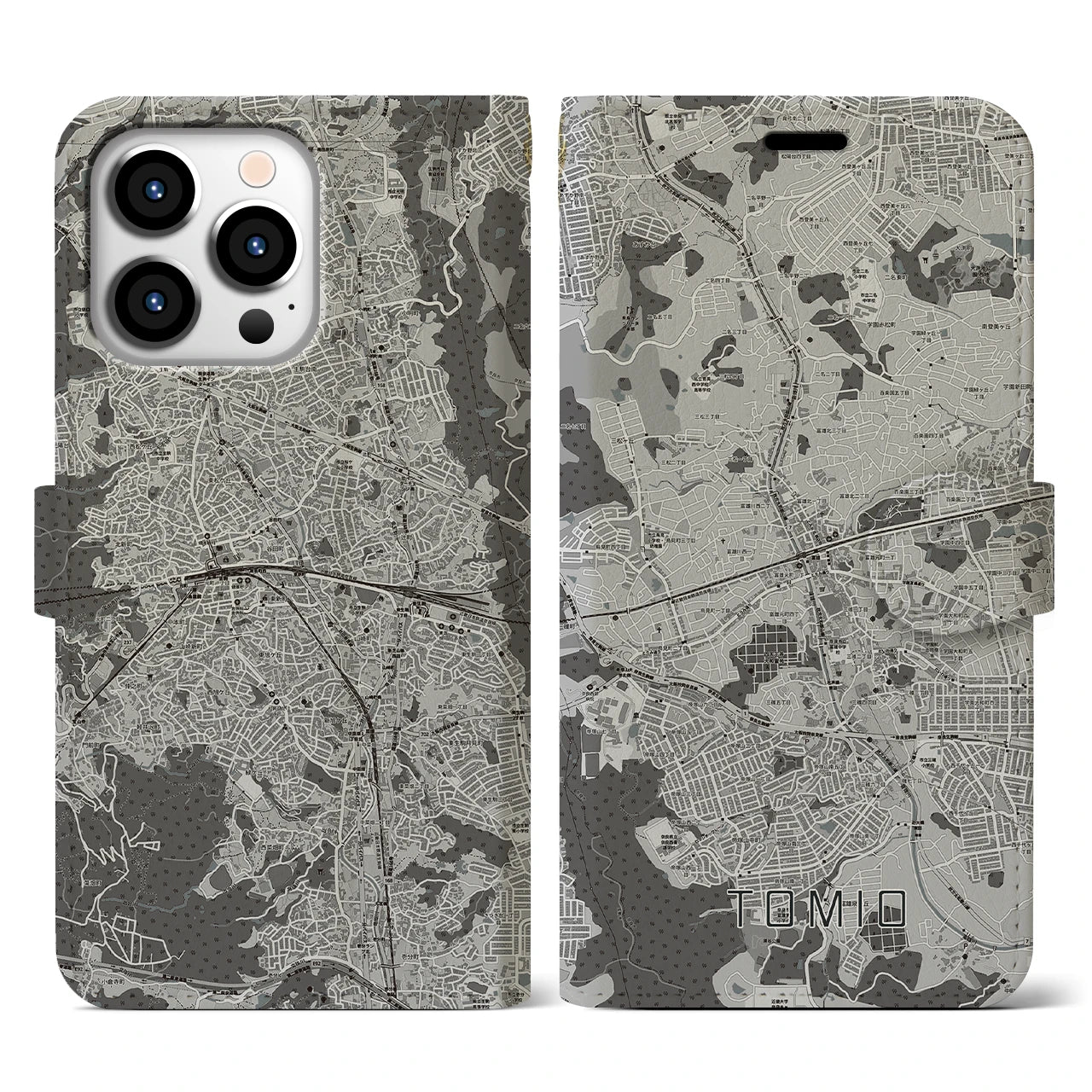 【富雄(奈良県)】地図柄iPhoneケース(手帳タイプ)モノトーン・iPhone 13 Pro 用