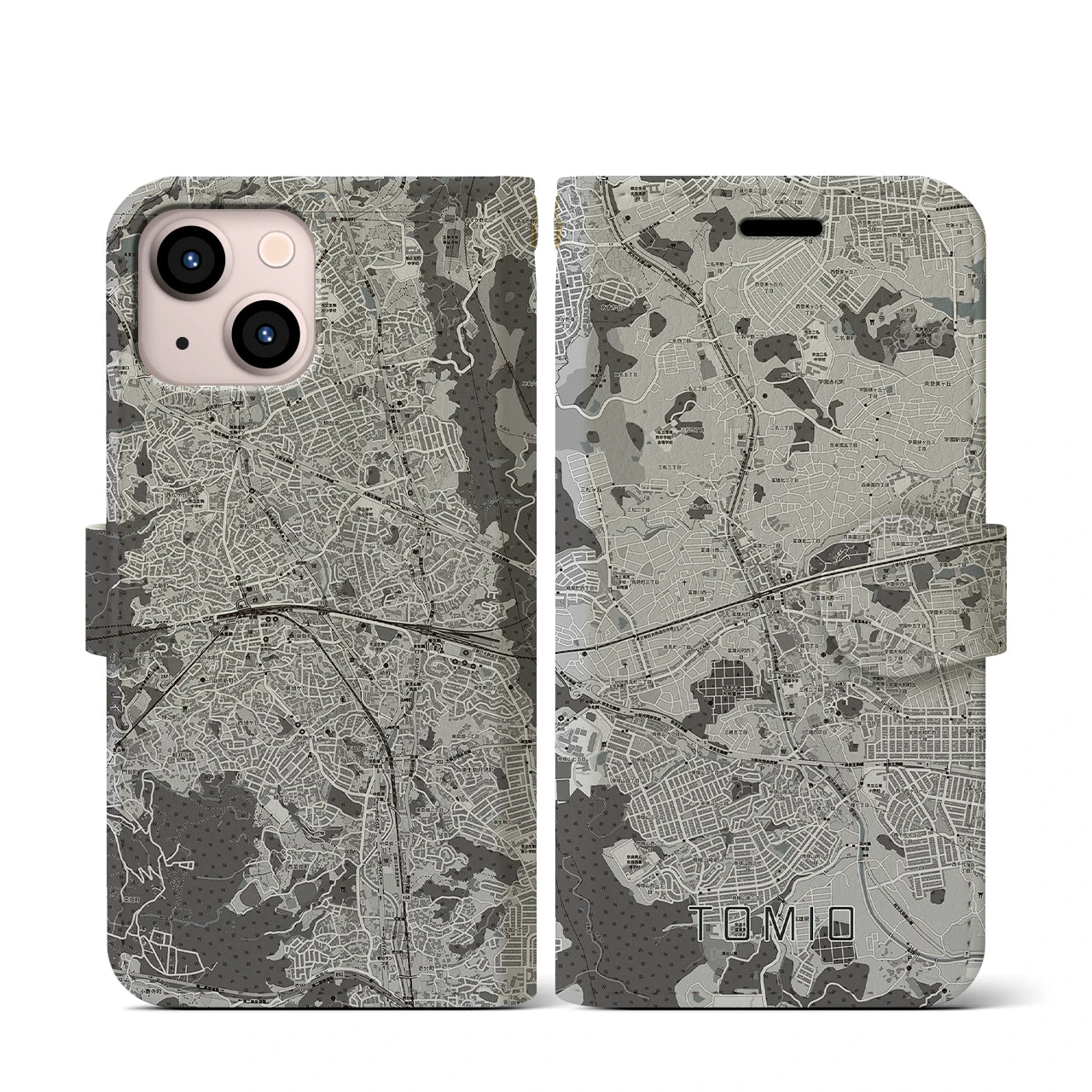 【富雄(奈良県)】地図柄iPhoneケース(手帳タイプ)モノトーン・iPhone 13 mini 用