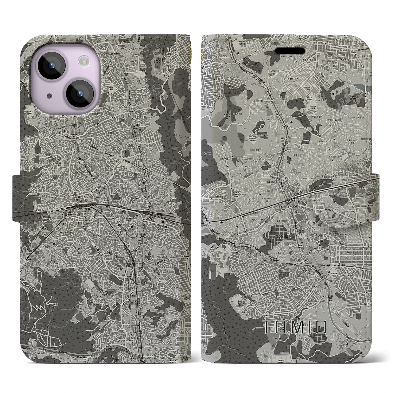 【富雄(奈良県)】地図柄iPhoneケース(手帳タイプ)モノトーン・iPhone 14 用