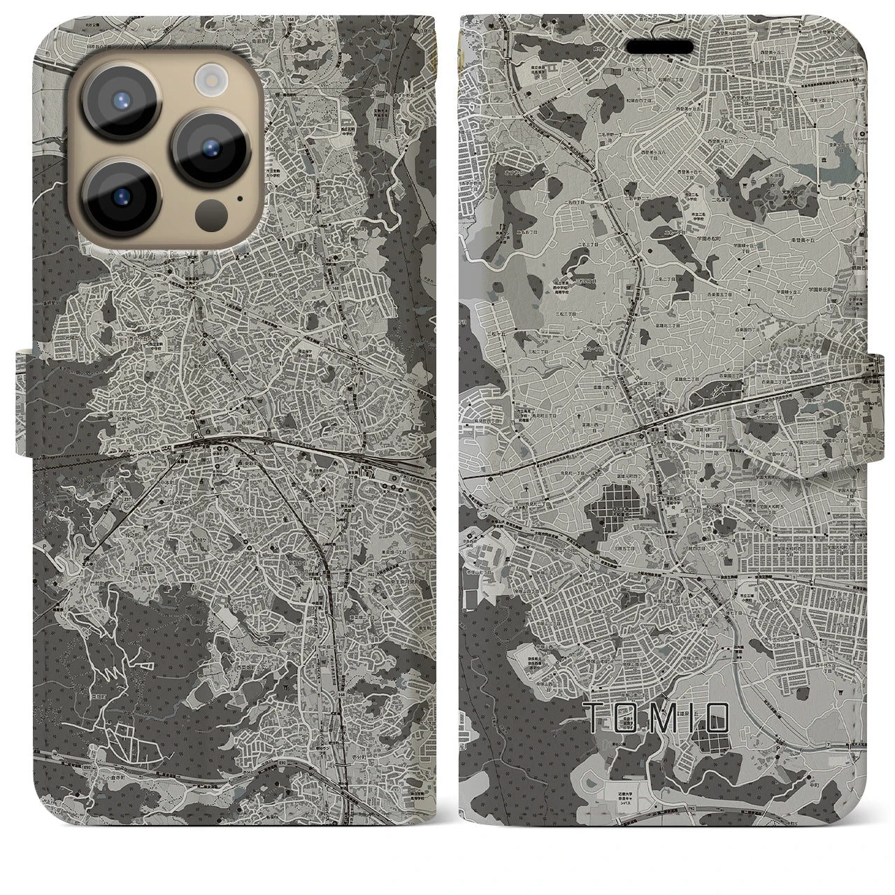 【富雄(奈良県)】地図柄iPhoneケース(手帳タイプ)モノトーン・iPhone 14 Pro Max 用