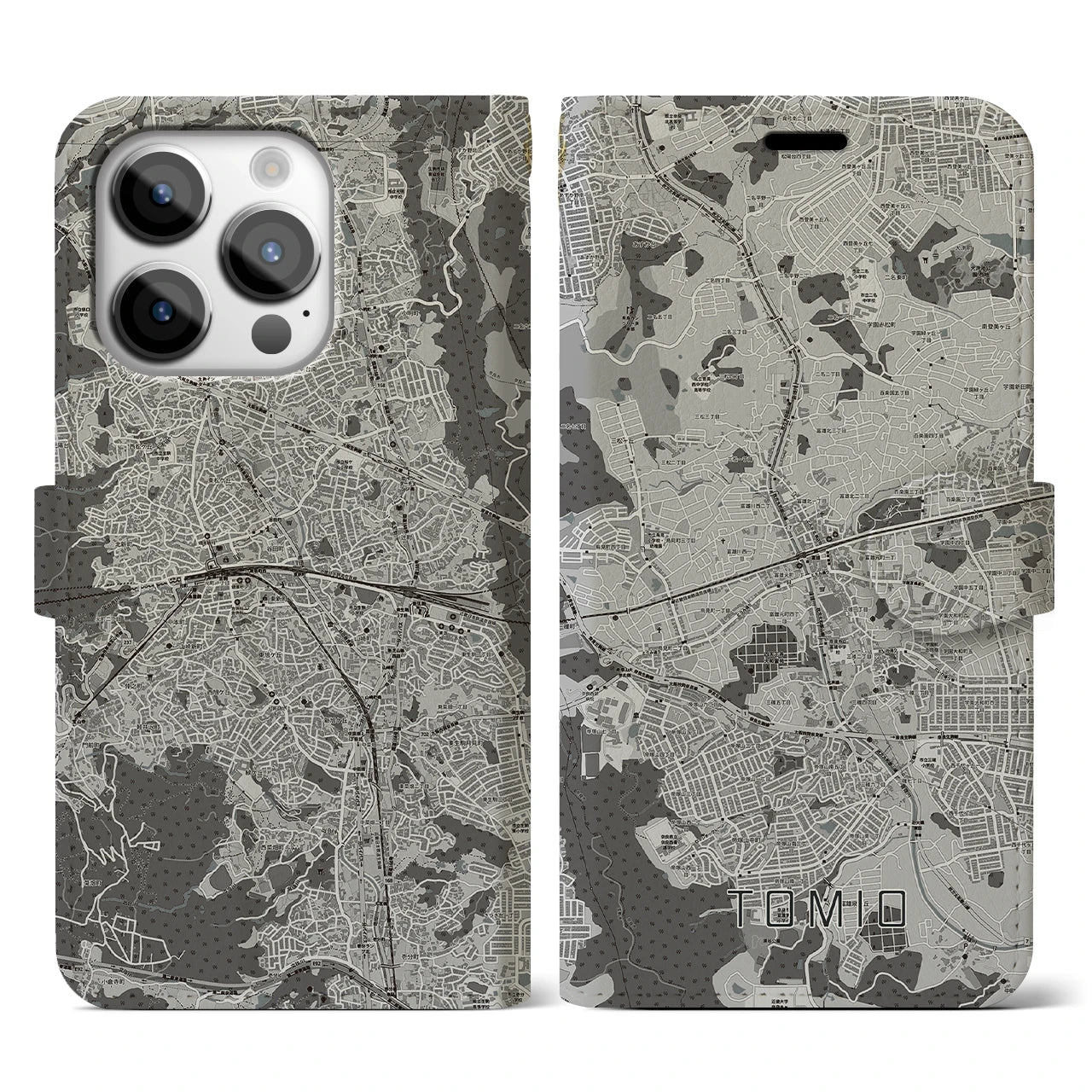 【富雄(奈良県)】地図柄iPhoneケース(手帳タイプ)モノトーン・iPhone 14 Pro 用