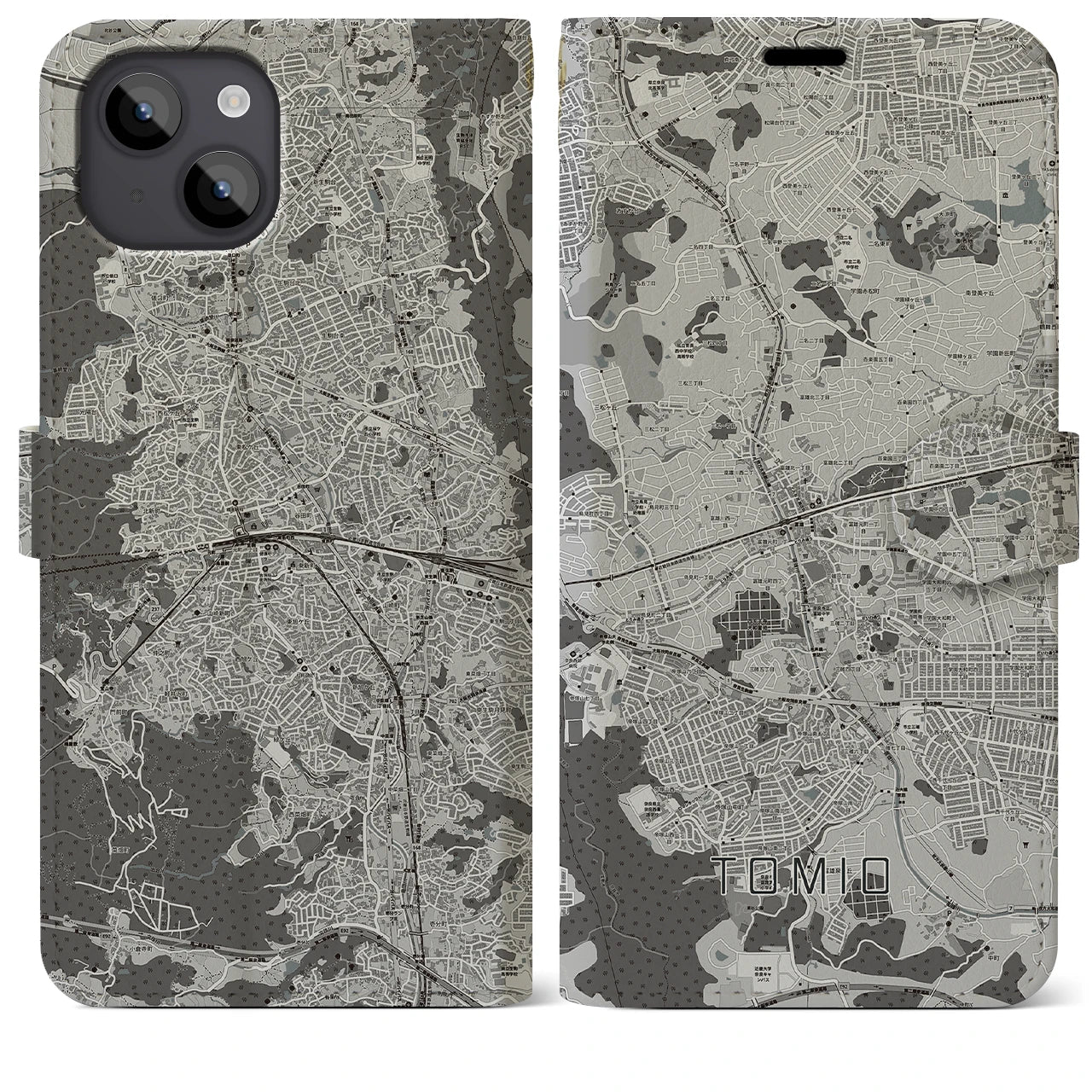 【富雄(奈良県)】地図柄iPhoneケース(手帳タイプ)モノトーン・iPhone 14 Plus 用