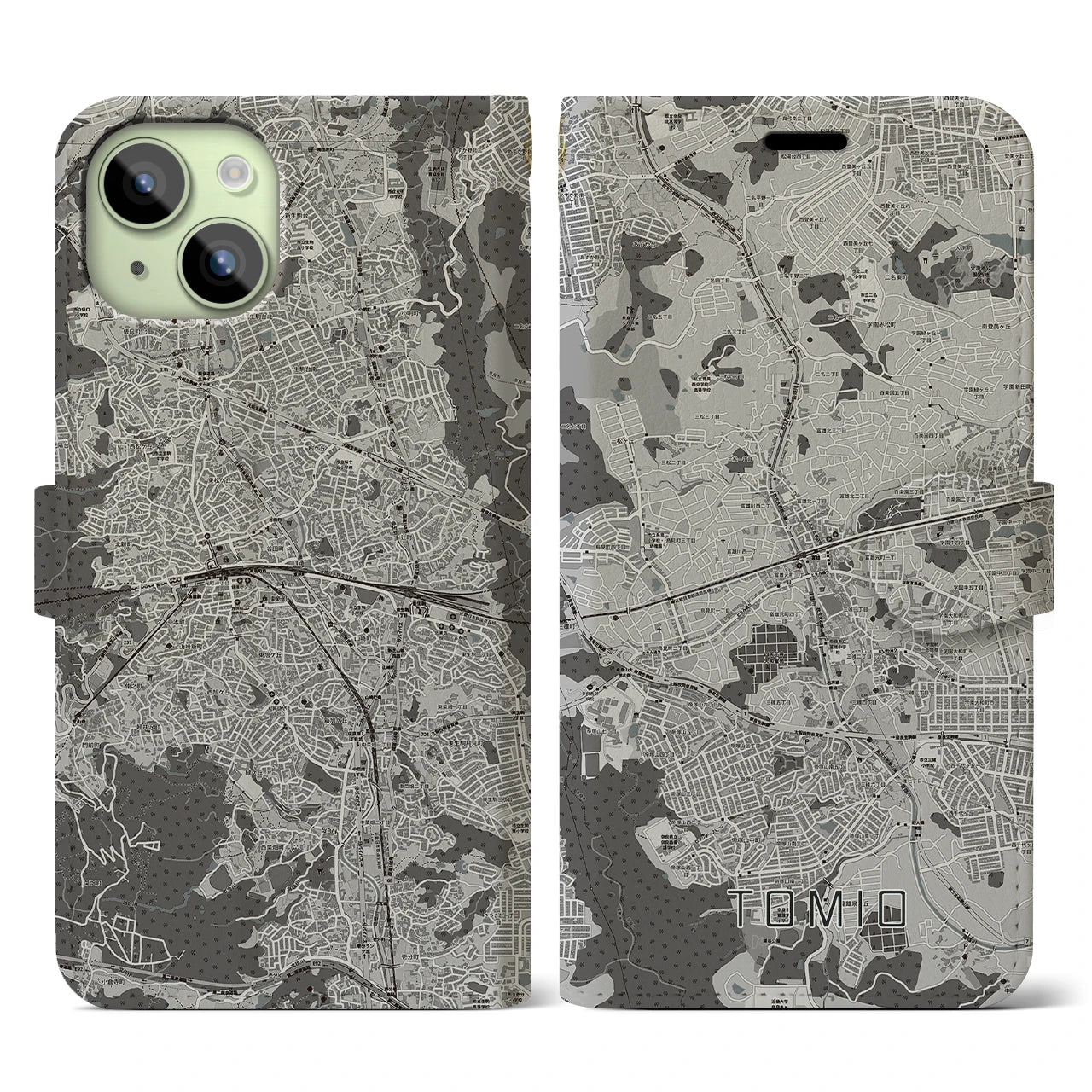 【富雄(奈良県)】地図柄iPhoneケース(手帳タイプ)モノトーン・iPhone 15 用