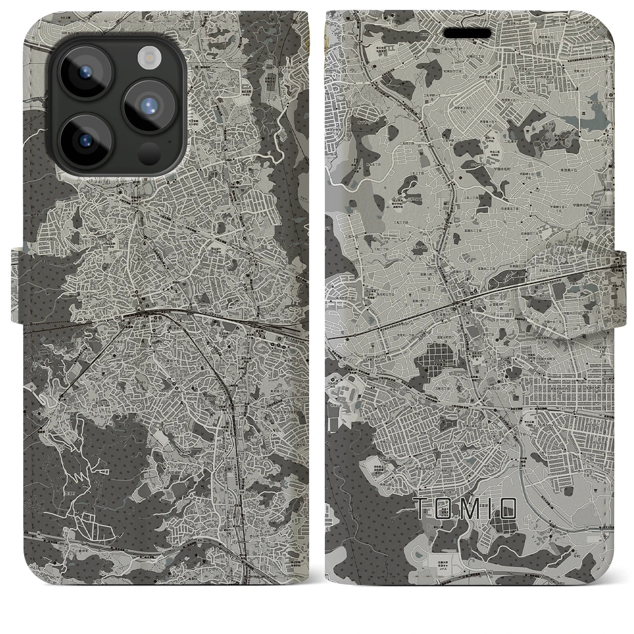 【富雄(奈良県)】地図柄iPhoneケース(手帳タイプ)モノトーン・iPhone 15 Pro Max 用