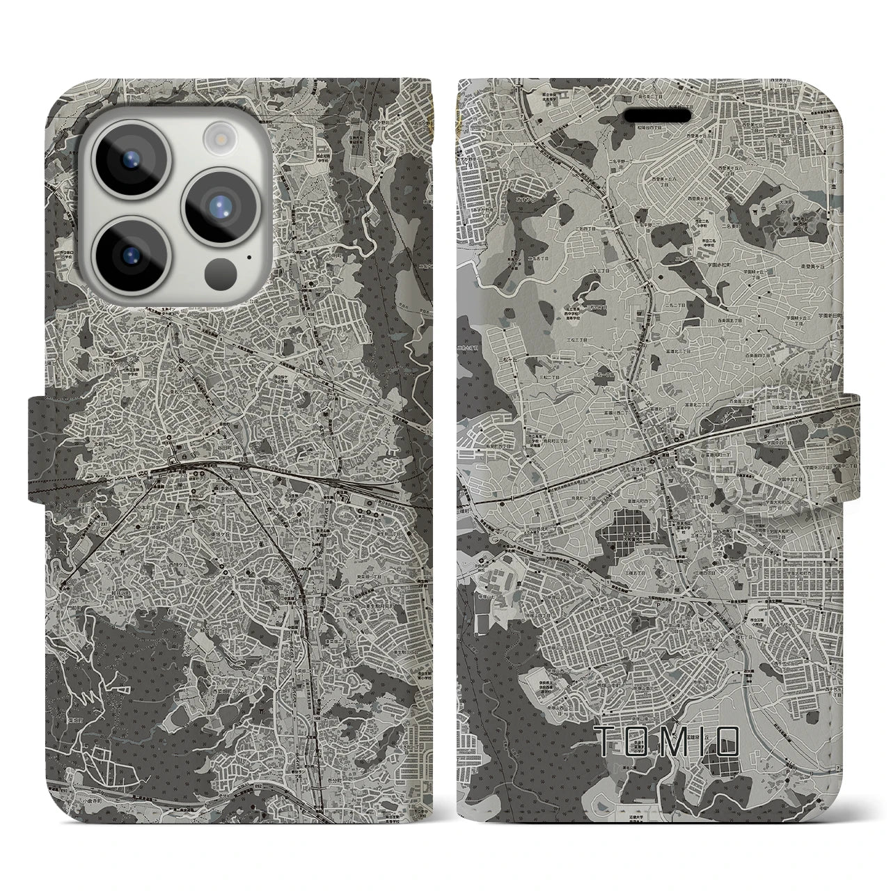 【富雄(奈良県)】地図柄iPhoneケース(手帳タイプ)モノトーン・iPhone 15 Pro 用