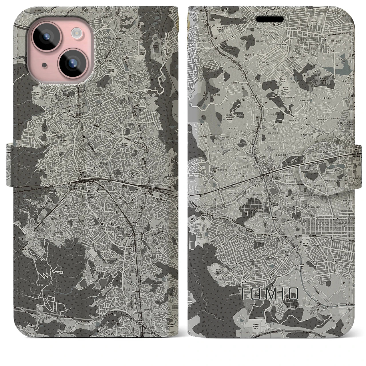 【富雄(奈良県)】地図柄iPhoneケース(手帳タイプ)モノトーン・iPhone 15 Plus 用