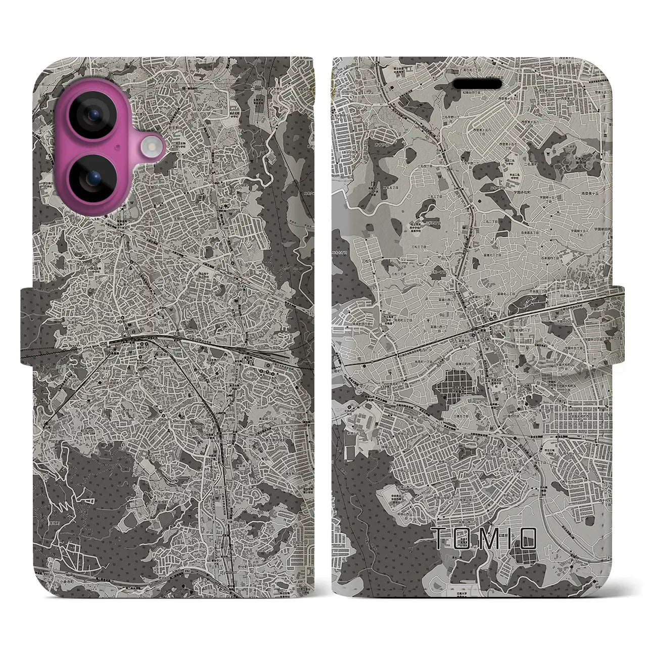 【富雄(奈良県)】地図柄iPhoneケース(手帳タイプ)モノトーン・iPhone 16 Pro 用