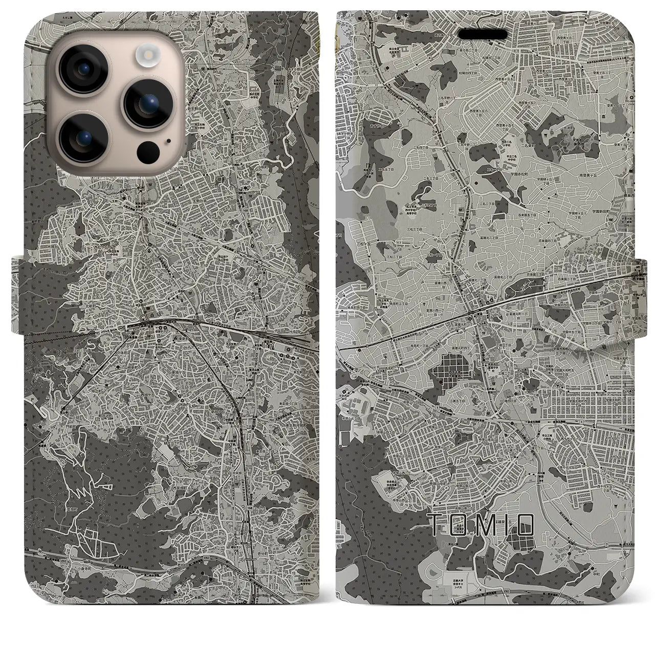 【富雄(奈良県)】地図柄iPhoneケース(手帳タイプ)モノトーン・iPhone 16 Plus 用