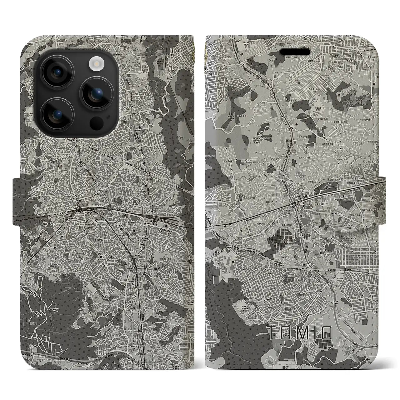 【富雄(奈良県)】地図柄iPhoneケース(手帳タイプ)モノトーン・iPhone 16 用