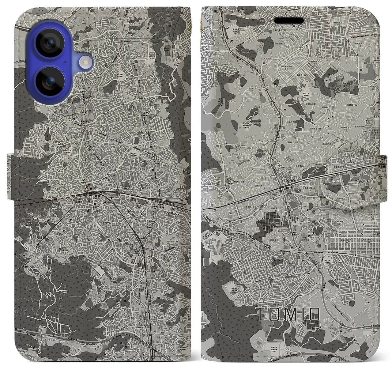 【富雄(奈良県)】地図柄iPhoneケース(手帳タイプ)モノトーン・iPhone 16 Pro Max 用