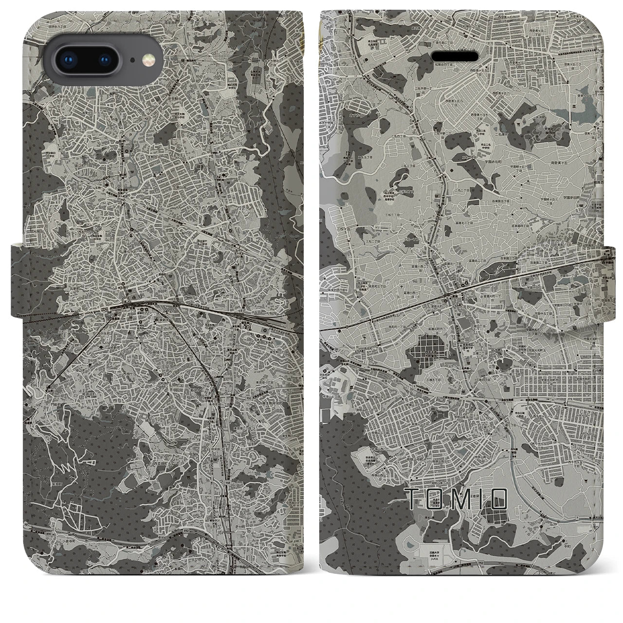 【富雄(奈良県)】地図柄iPhoneケース(手帳タイプ)モノトーン・iPhone 8Plus /7Plus / 6sPlus / 6Plus 用