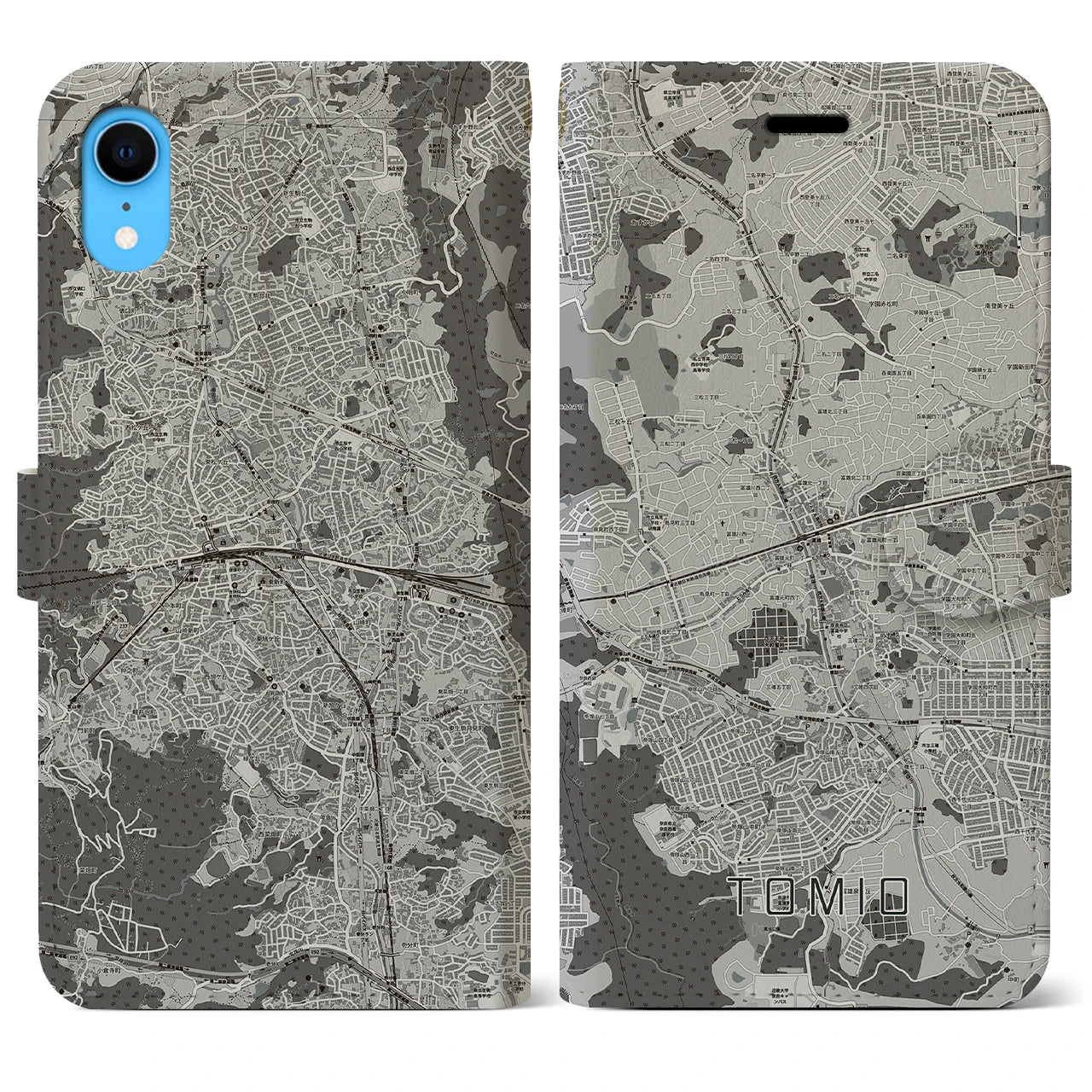 【富雄(奈良県)】地図柄iPhoneケース(手帳タイプ)モノトーン・iPhone XR 用