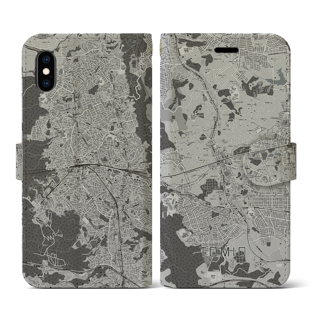 【富雄(奈良県)】地図柄iPhoneケース(手帳タイプ)モノトーン・iPhone XS / X 用