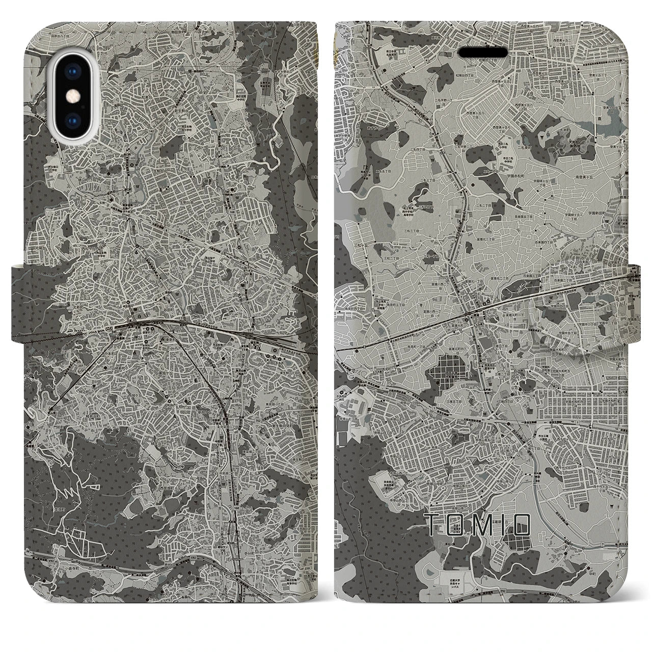 【富雄(奈良県)】地図柄iPhoneケース(手帳タイプ)モノトーン・iPhone XS Max 用