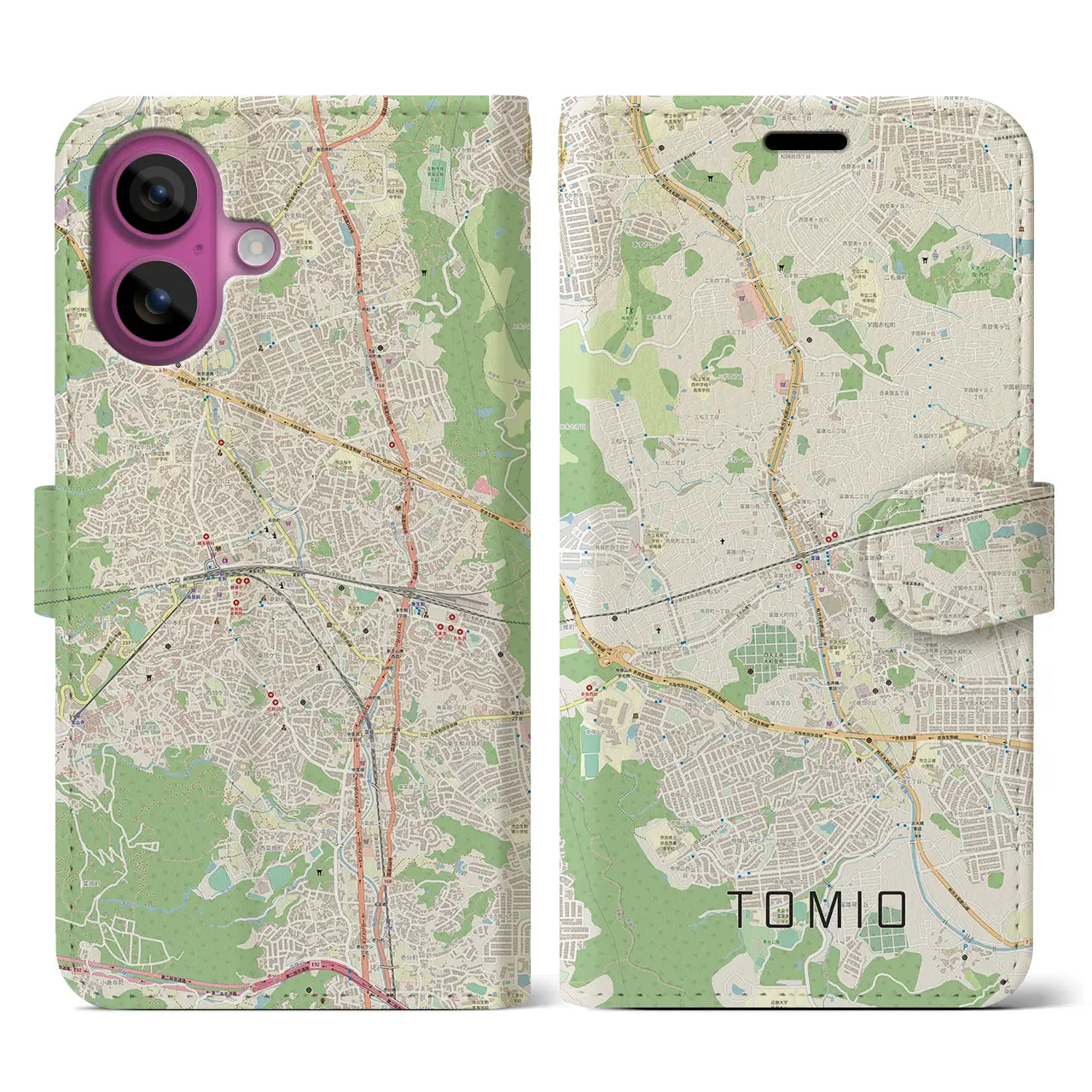 【富雄(奈良県)】地図柄iPhoneケース(手帳タイプ)ナチュラル・iPhone 16 Pro 用