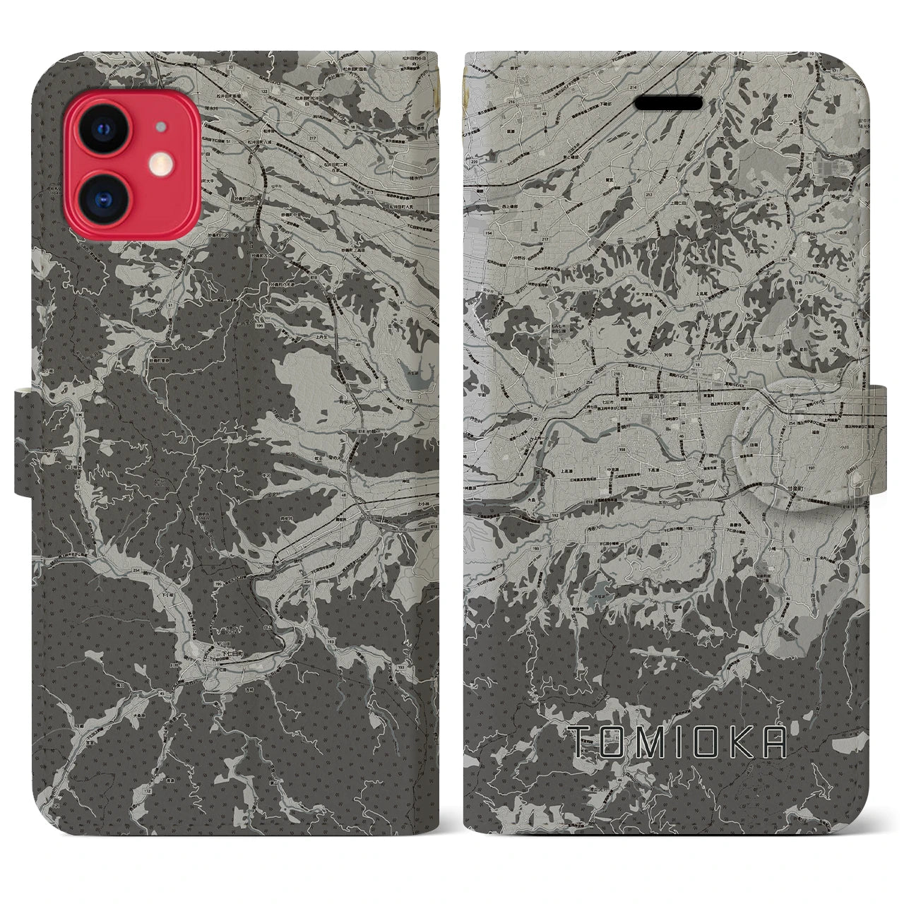 【富岡(群馬県)】地図柄iPhoneケース(手帳タイプ)モノトーン・iPhone 11 用