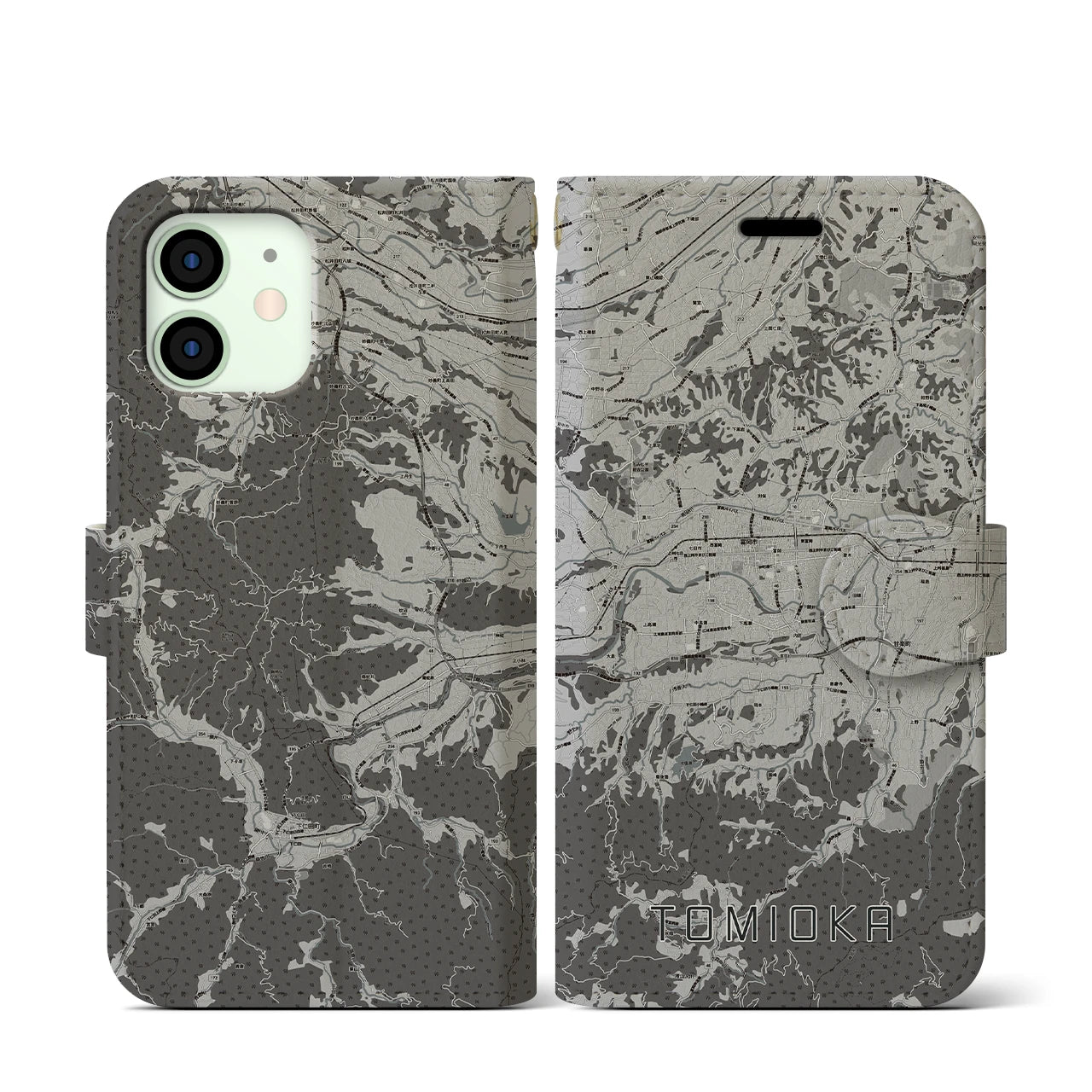 【富岡(群馬県)】地図柄iPhoneケース(手帳タイプ)モノトーン・iPhone 12 mini 用