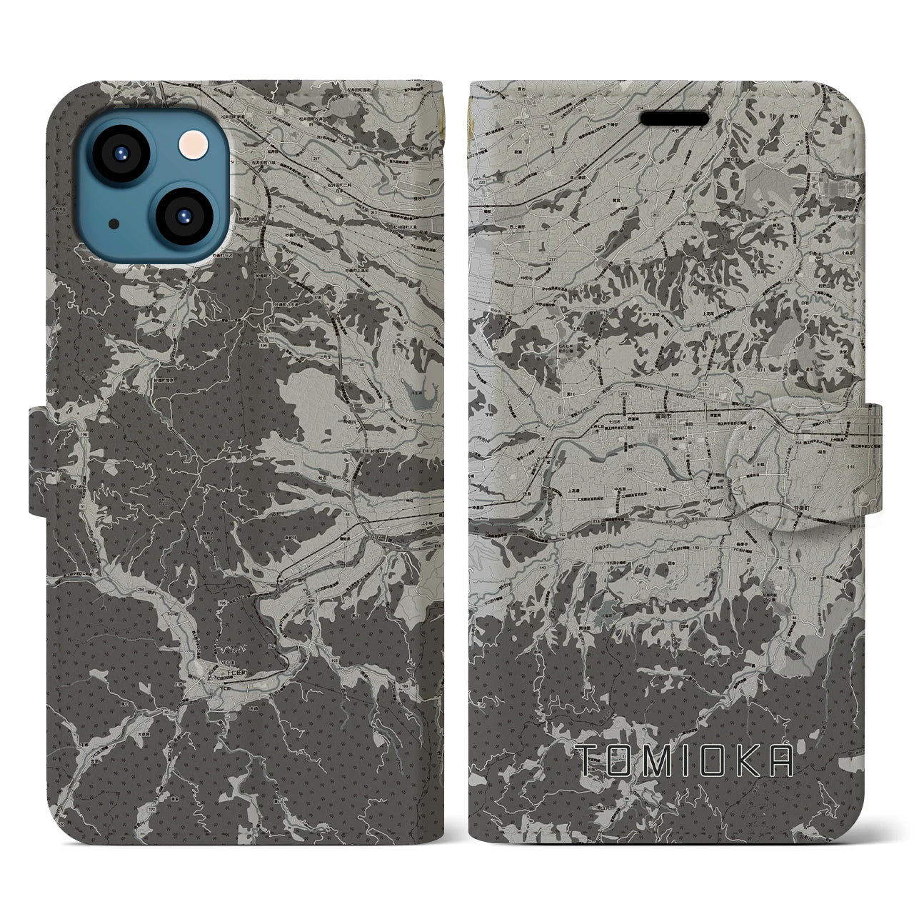 【富岡(群馬県)】地図柄iPhoneケース(手帳タイプ)モノトーン・iPhone 13 用