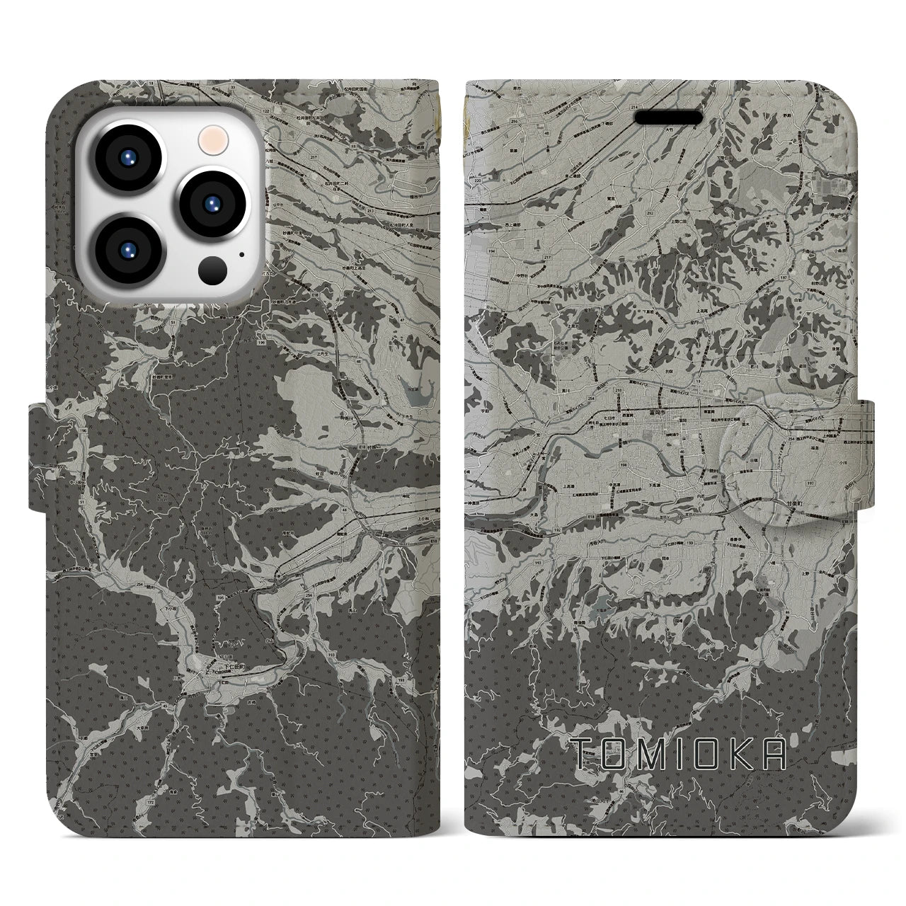 【富岡(群馬県)】地図柄iPhoneケース(手帳タイプ)モノトーン・iPhone 13 Pro 用