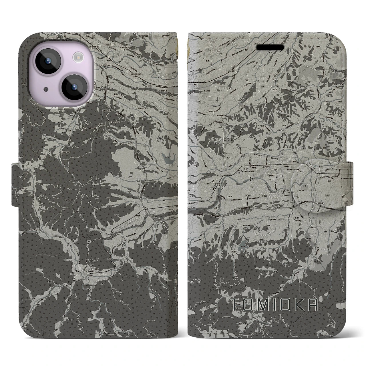 【富岡(群馬県)】地図柄iPhoneケース(手帳タイプ)モノトーン・iPhone 14 用
