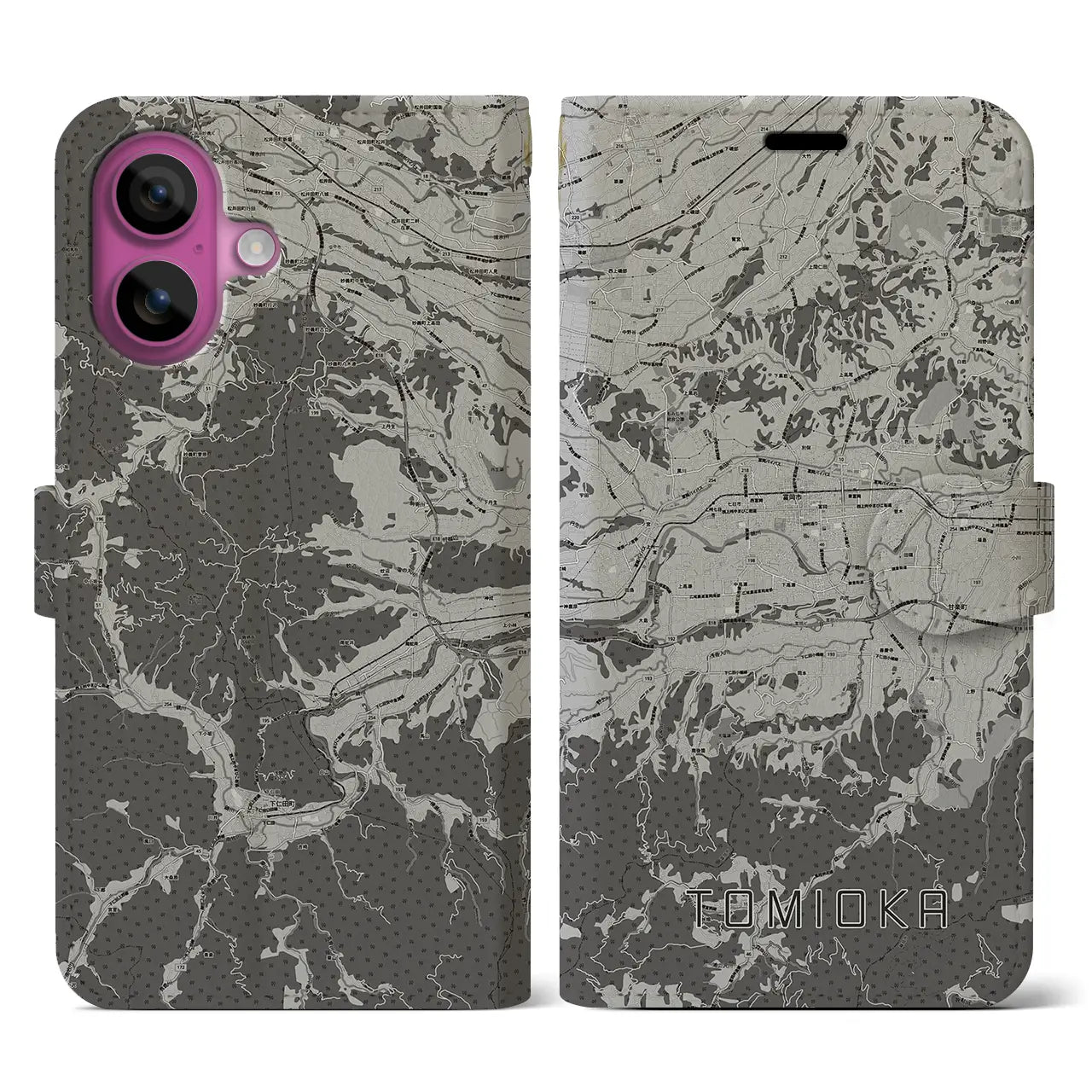 【富岡(群馬県)】地図柄iPhoneケース(手帳タイプ)モノトーン・iPhone 16 Pro 用