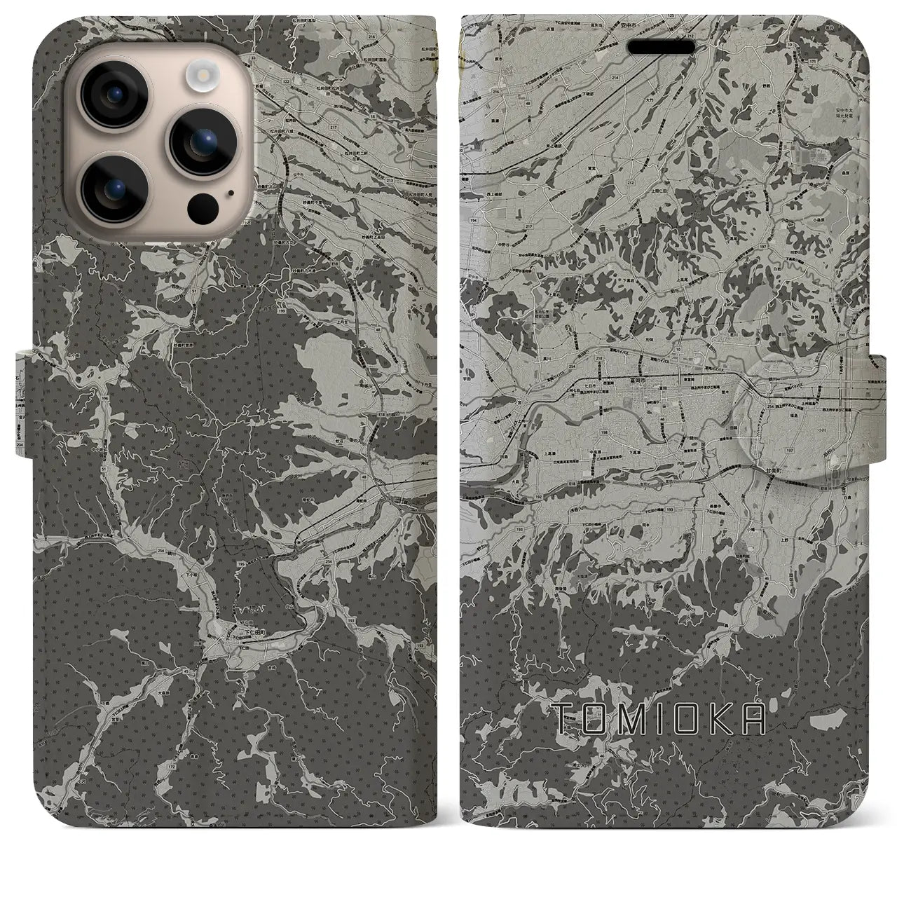 【富岡(群馬県)】地図柄iPhoneケース(手帳タイプ)モノトーン・iPhone 16 Plus 用