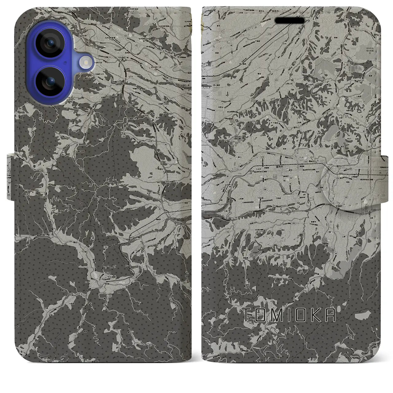 【富岡(群馬県)】地図柄iPhoneケース(手帳タイプ)モノトーン・iPhone 16 Pro Max 用