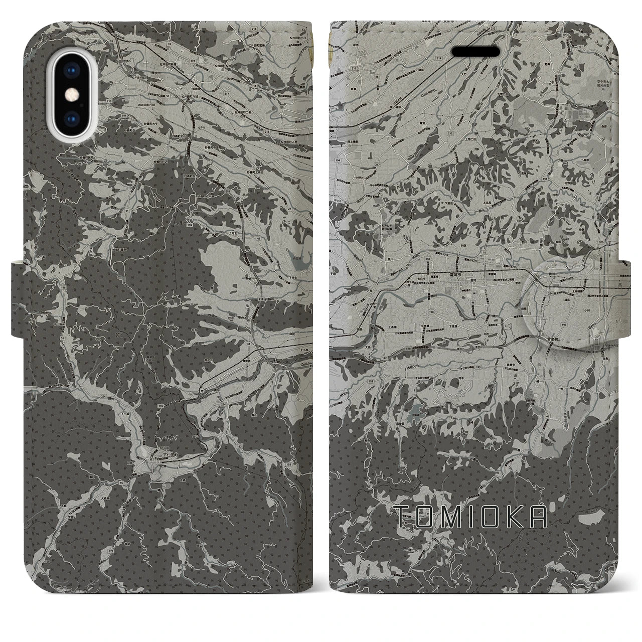 【富岡(群馬県)】地図柄iPhoneケース(手帳タイプ)モノトーン・iPhone XS Max 用