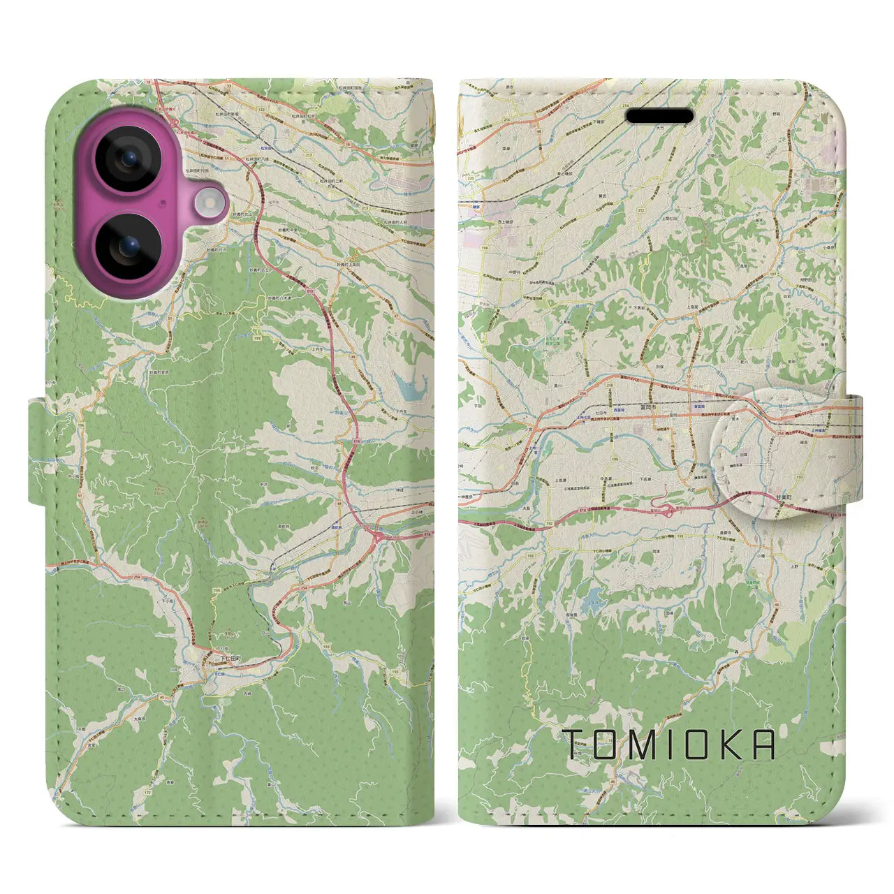 【富岡(群馬県)】地図柄iPhoneケース(手帳タイプ)ナチュラル・iPhone 16 Pro 用