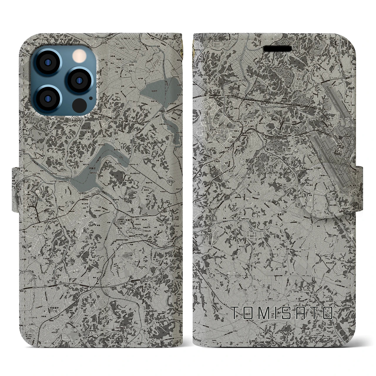 【富里(千葉県)】地図柄iPhoneケース(手帳タイプ)モノトーン・iPhone 12 / 12 Pro 用