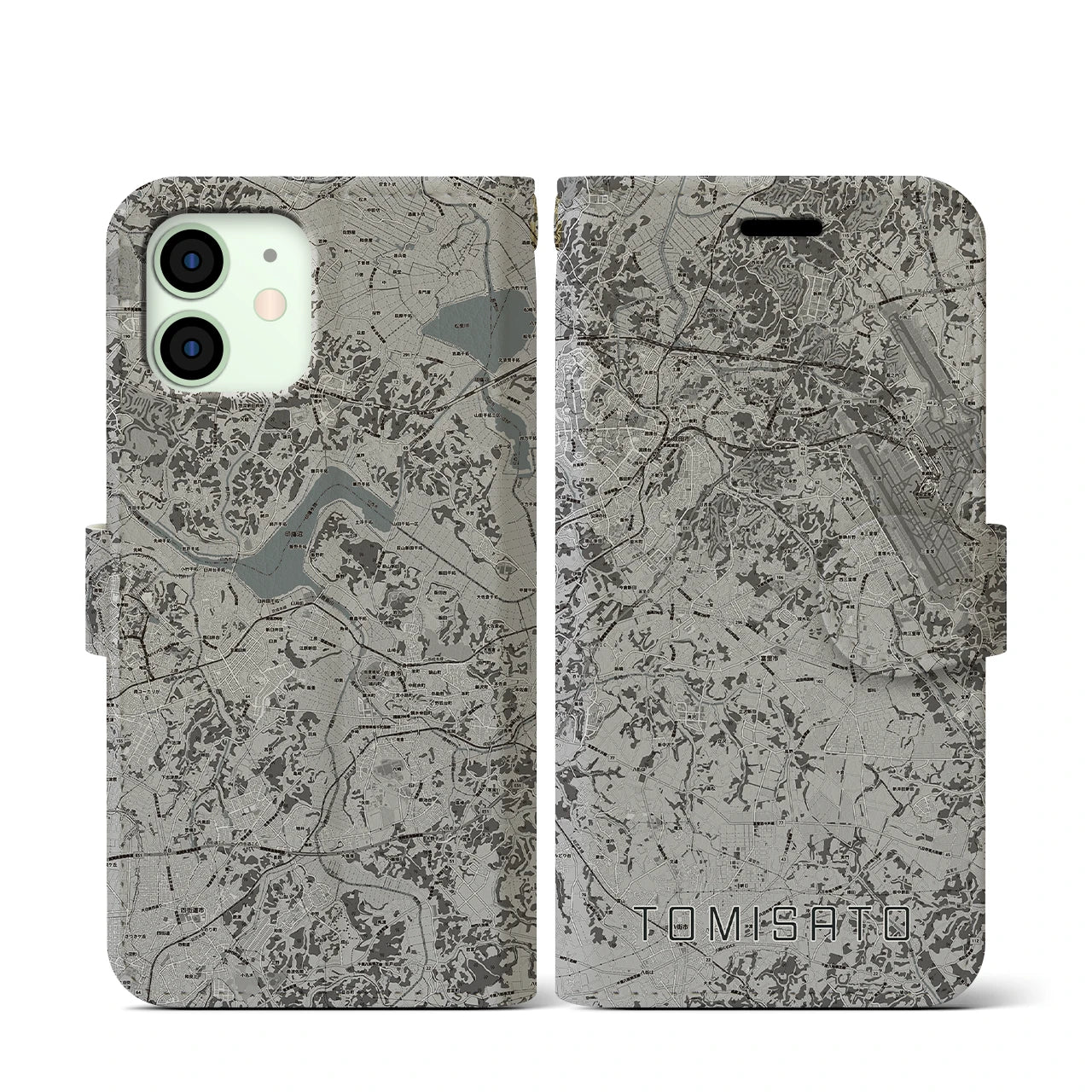 【富里(千葉県)】地図柄iPhoneケース(手帳タイプ)モノトーン・iPhone 12 mini 用