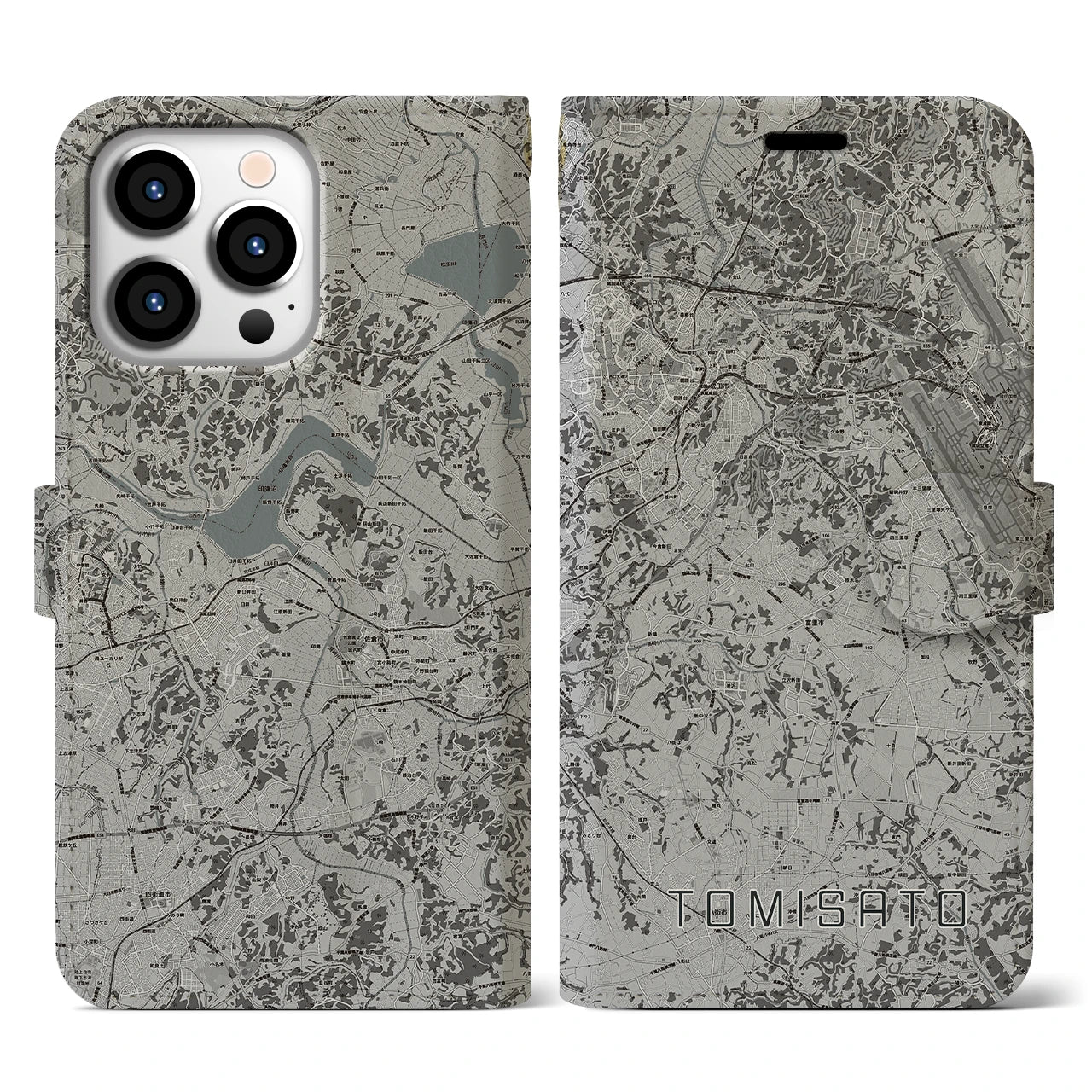 【富里(千葉県)】地図柄iPhoneケース(手帳タイプ)モノトーン・iPhone 13 Pro 用