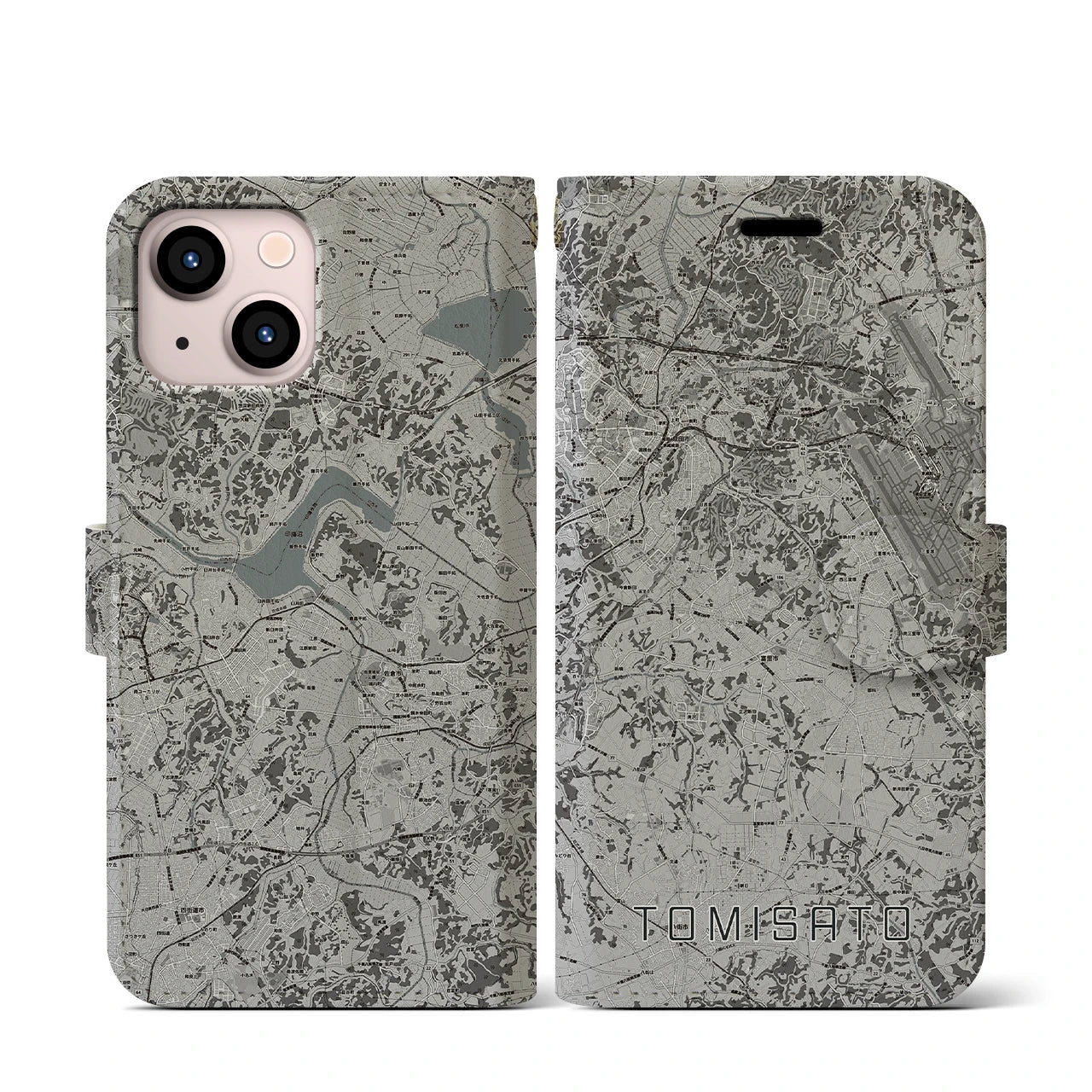 【富里(千葉県)】地図柄iPhoneケース(手帳タイプ)モノトーン・iPhone 13 mini 用