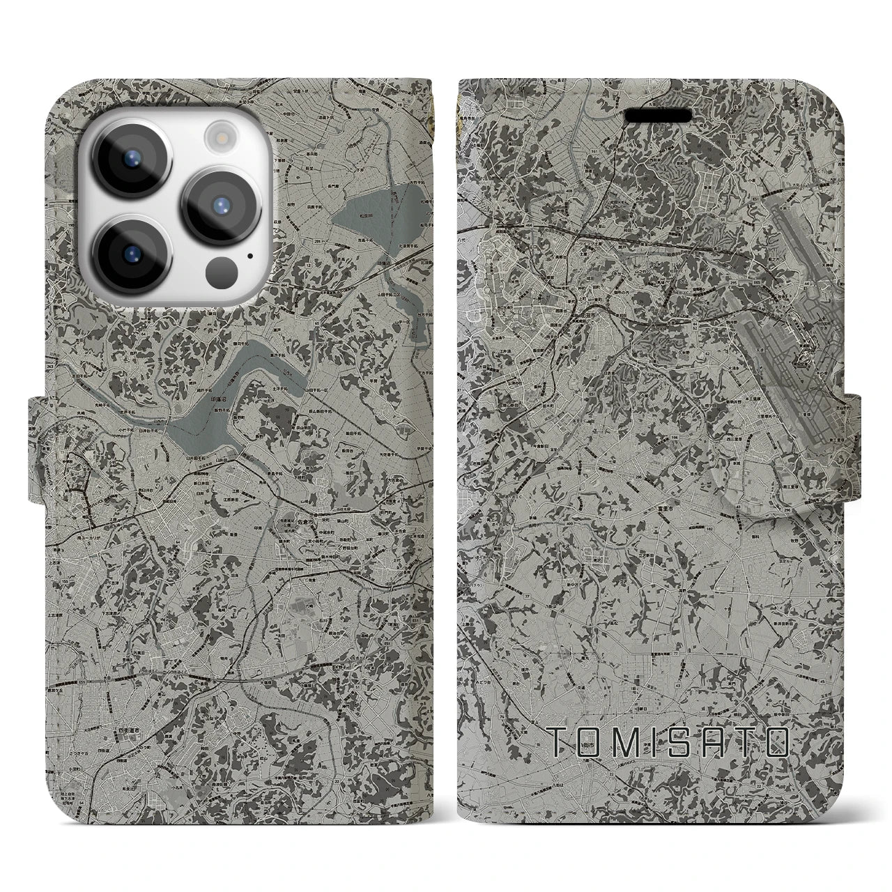 【富里(千葉県)】地図柄iPhoneケース(手帳タイプ)モノトーン・iPhone 14 Pro 用