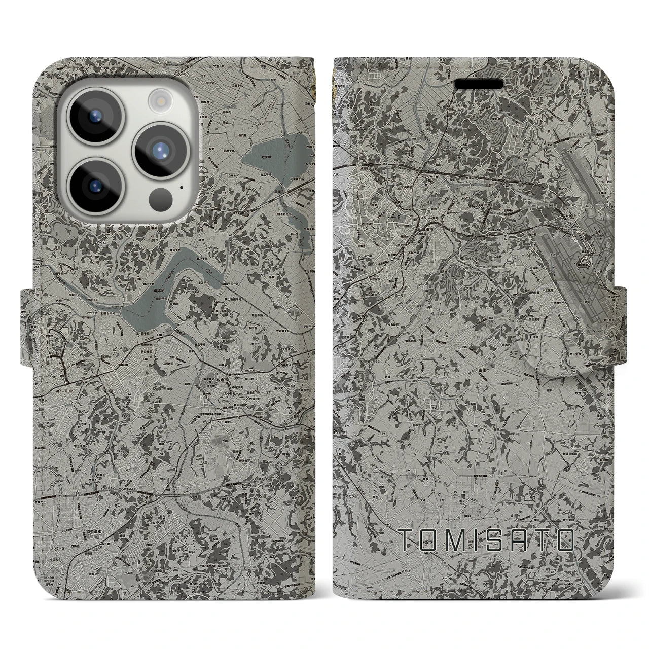 【富里(千葉県)】地図柄iPhoneケース(手帳タイプ)モノトーン・iPhone 15 Pro 用