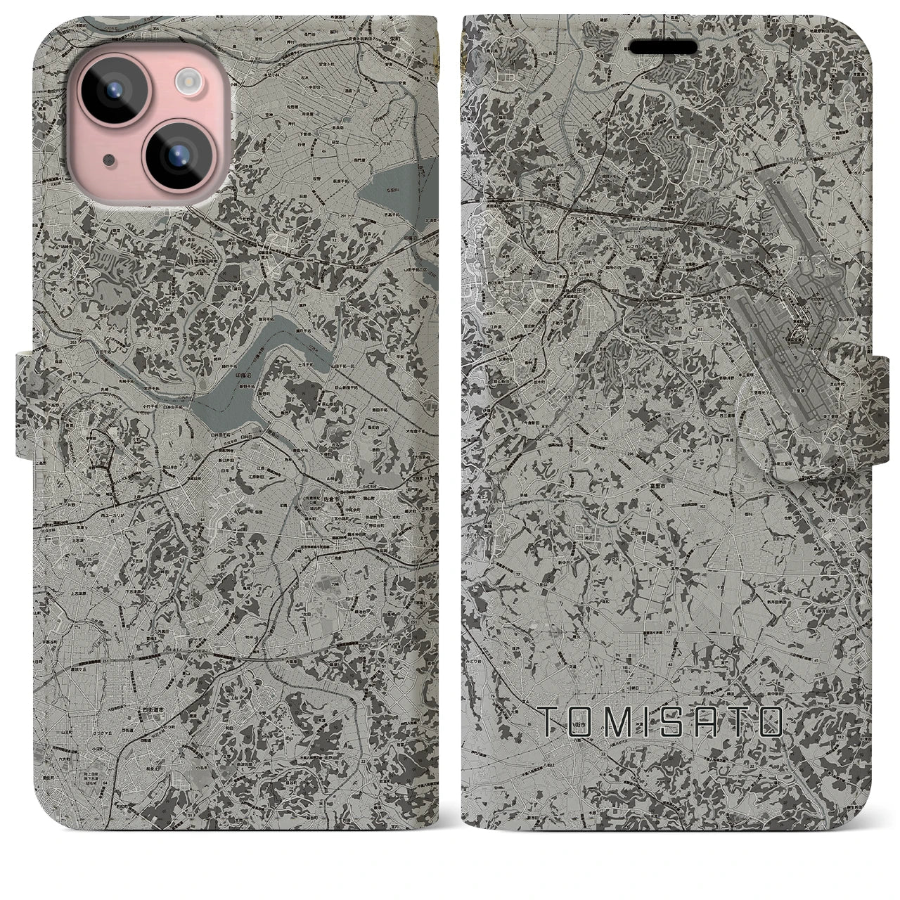 【富里(千葉県)】地図柄iPhoneケース(手帳タイプ)モノトーン・iPhone 15 Plus 用