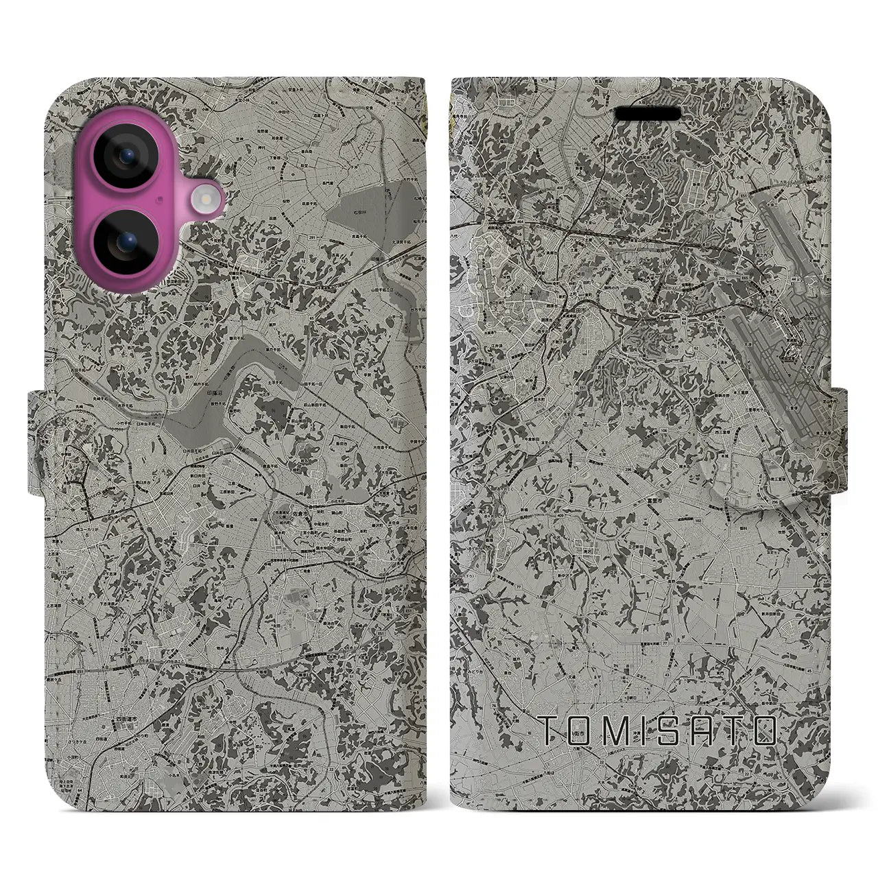 【富里(千葉県)】地図柄iPhoneケース(手帳タイプ)モノトーン・iPhone 16 Pro 用