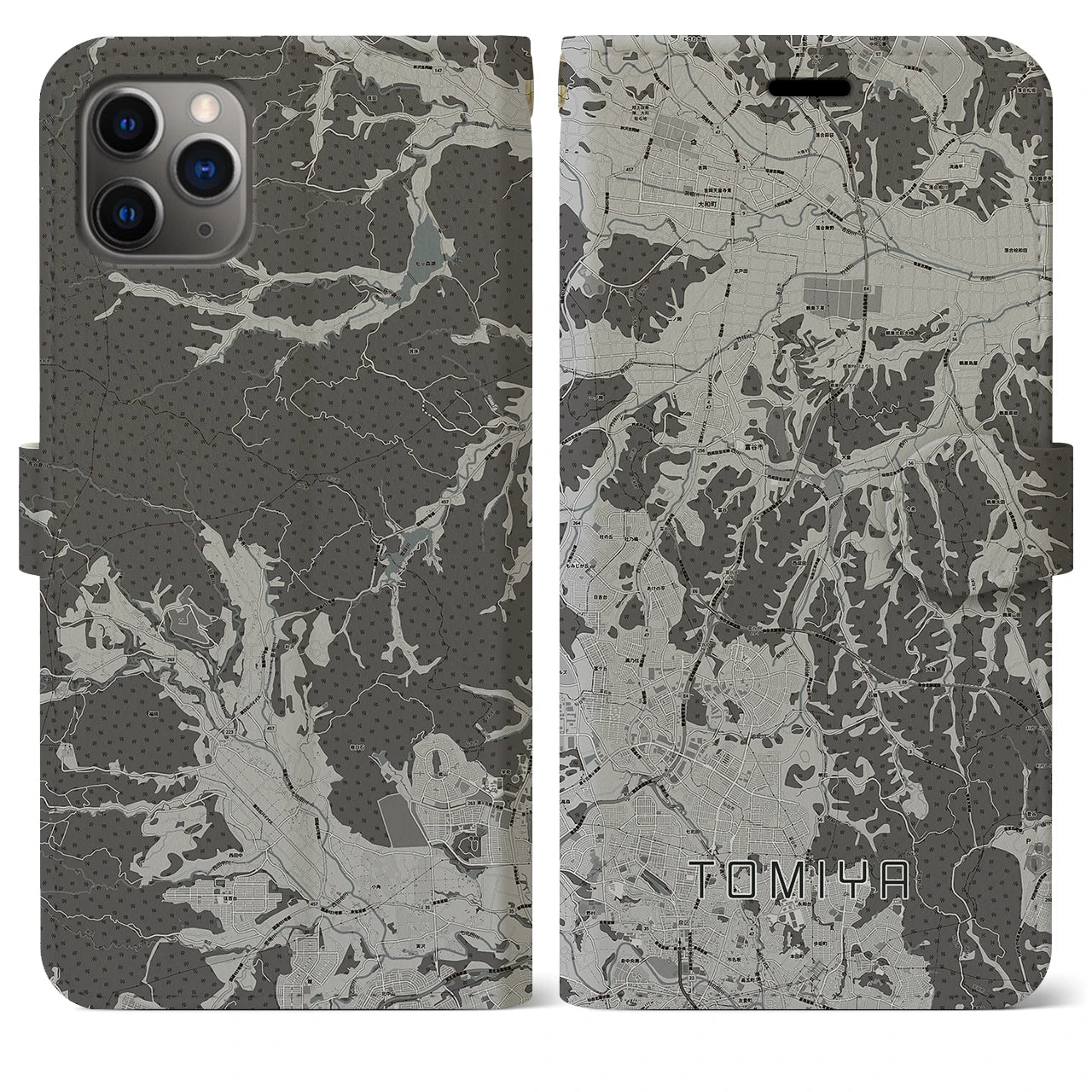 【富谷(宮城県)】地図柄iPhoneケース(手帳タイプ)モノトーン・iPhone 11 Pro Max 用