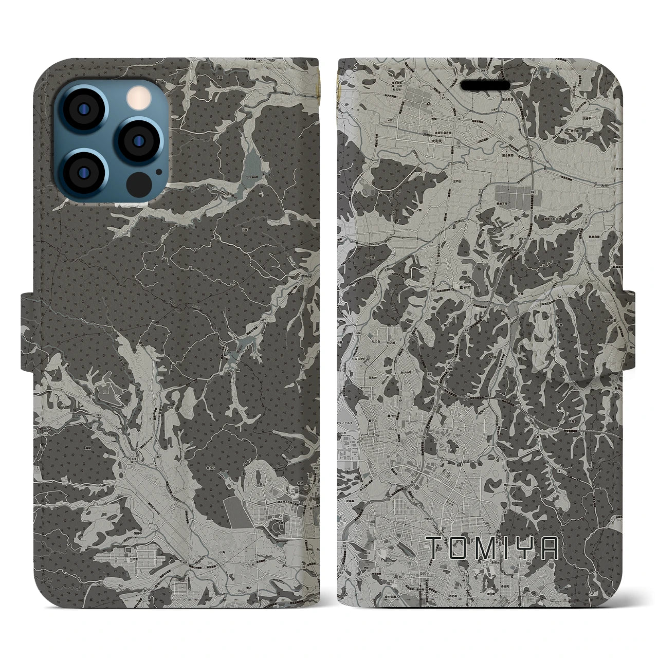 【富谷(宮城県)】地図柄iPhoneケース(手帳タイプ)モノトーン・iPhone 12 / 12 Pro 用