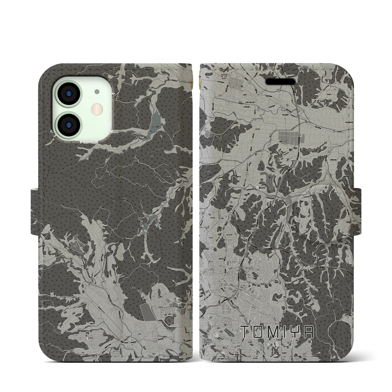 【富谷(宮城県)】地図柄iPhoneケース(手帳タイプ)モノトーン・iPhone 12 mini 用