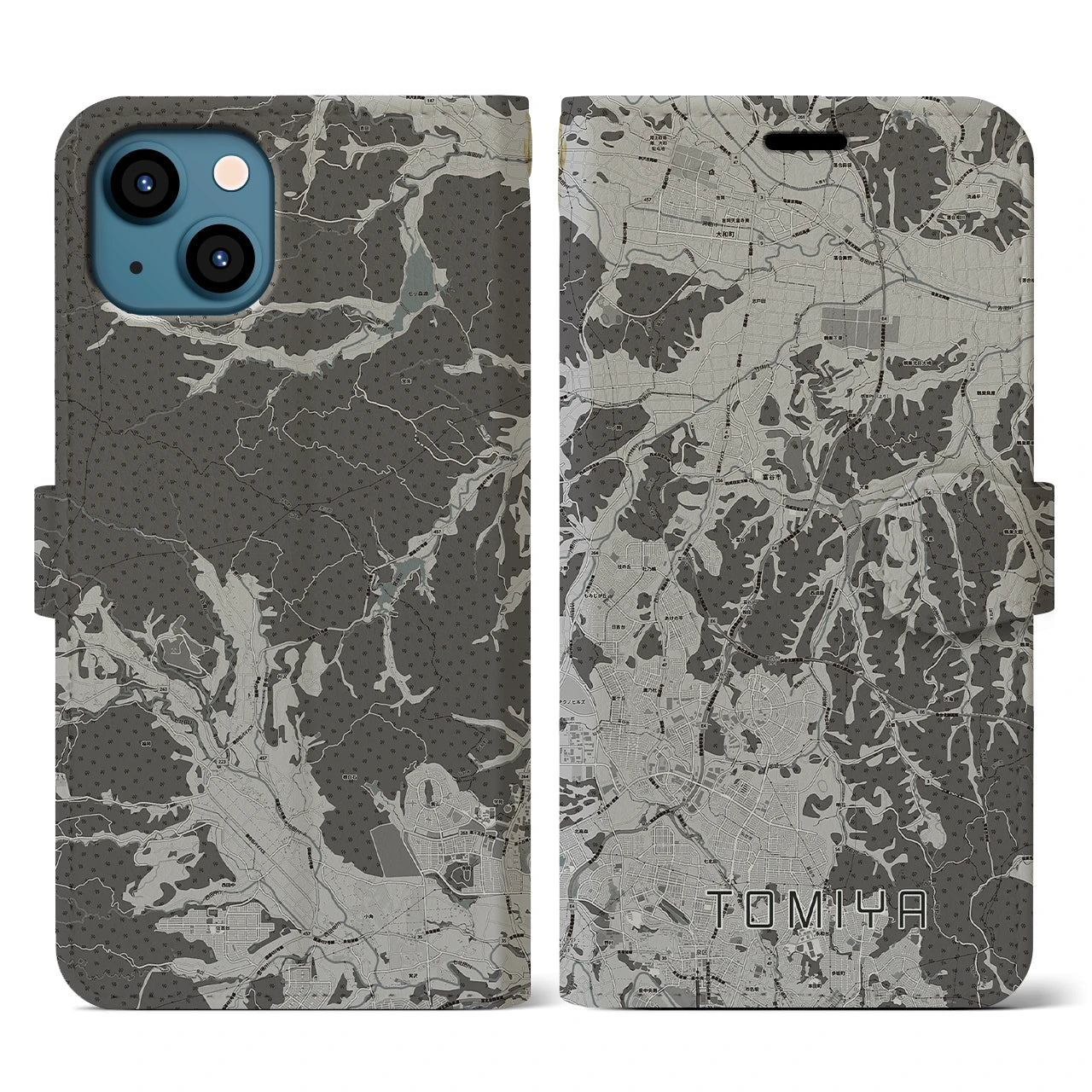 【富谷(宮城県)】地図柄iPhoneケース(手帳タイプ)モノトーン・iPhone 13 用