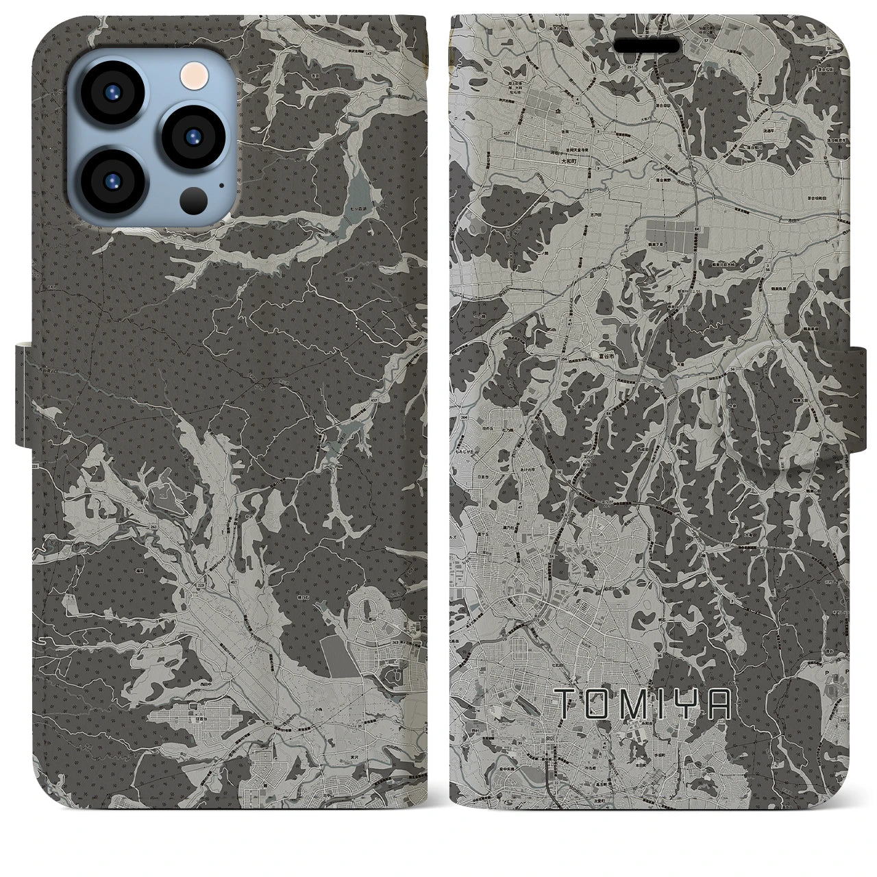【富谷(宮城県)】地図柄iPhoneケース(手帳タイプ)モノトーン・iPhone 13 Pro Max 用