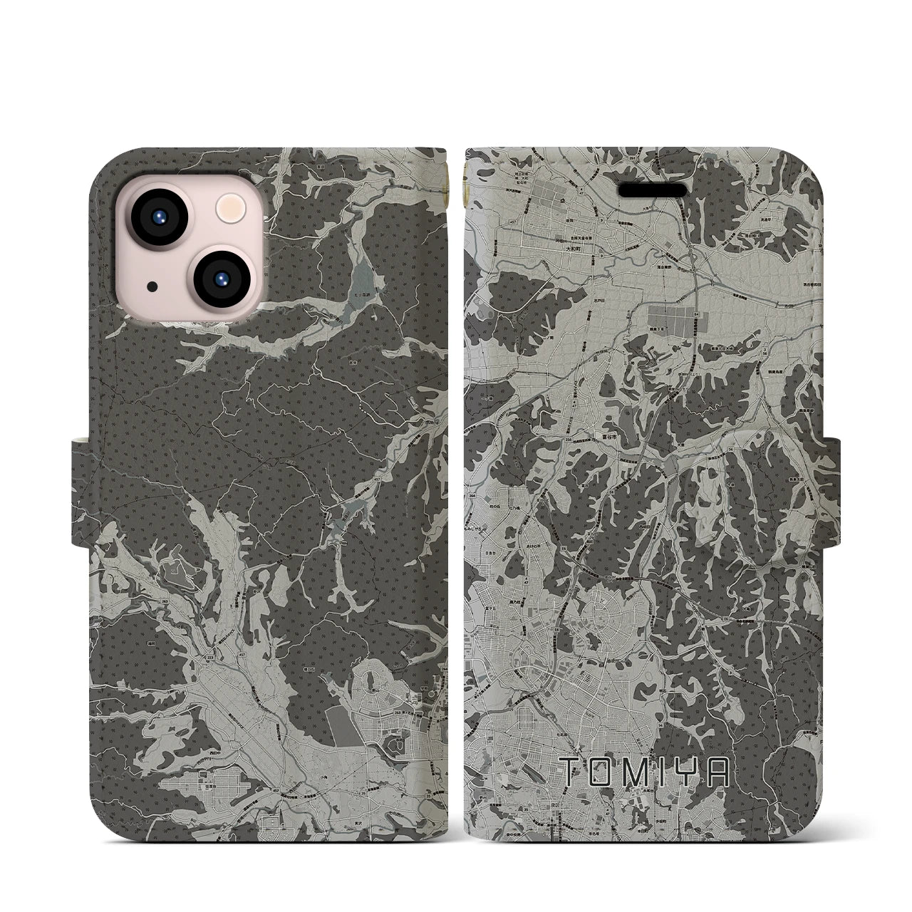 【富谷(宮城県)】地図柄iPhoneケース(手帳タイプ)モノトーン・iPhone 13 mini 用
