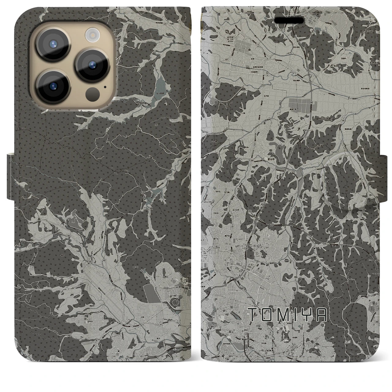 【富谷(宮城県)】地図柄iPhoneケース(手帳タイプ)モノトーン・iPhone 14 Pro Max 用